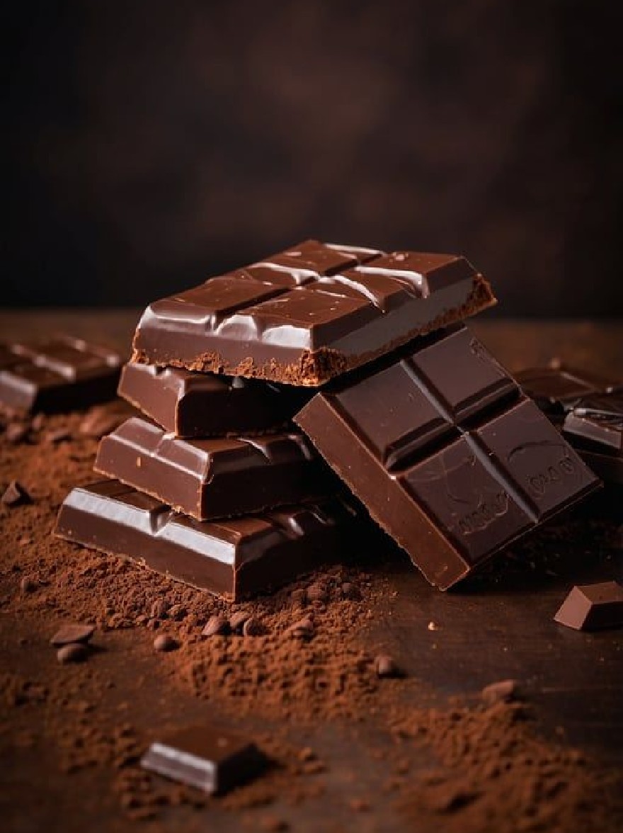 Русский промпт: Крупным планом стопки батончиков с темным шоколадом с белым шоколадом сбрызнул сверху. Батончики расположены в аккуратной куче на темной деревянной поверхности, с некоторым рассеянным какао -порошком вокруг них. Фон размыта, с темной, дымной атмосферой. Освещение мягкое и теплое, выделяя темный шоколад и текстуру шоколада. Изображение снимается с слегка возвышенного угла, глядя на шоколадные батончики. | Original prompt: A close-up of a stack of dark chocolate bars with white chocolate drizzled on top. The bars are arranged in a neat pile on a dark wooden surface, with some scattered cocoa powder around them. The background is blurred, with a dark, smoky atmosphere. The lighting is soft and warm, highlighting the dark chocolate and the texture of the chocolate. The image is taken from a slightly elevated angle, looking down on the chocolate bars.