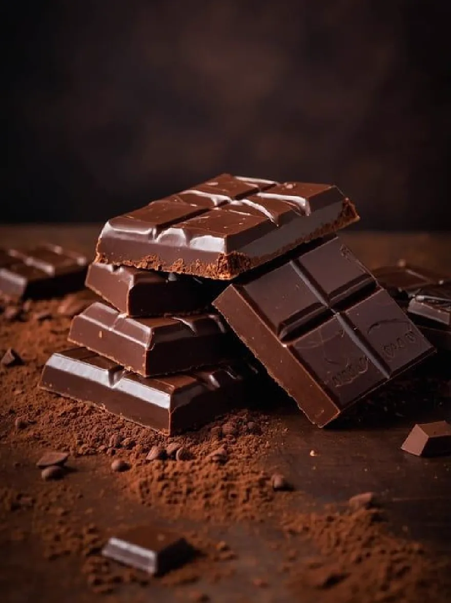Русский промпт: Крупным планом стопки батончиков с темным шоколадом с белым шоколадом сбрызнул сверху. Батончики расположены в аккуратной куче на темной деревянной поверхности, с некоторым рассеянным какао -порошком вокруг них. Фон размыта, с темной, дымной атмосферой. Освещение мягкое и теплое, выделяя темный шоколад и текстуру шоколада. Изображение снимается с слегка возвышенного угла, глядя на шоколадные батончики. | Original prompt: A close-up of a stack of dark chocolate bars with white chocolate drizzled on top. The bars are arranged in a neat pile on a dark wooden surface, with some scattered cocoa powder around them. The background is blurred, with a dark, smoky atmosphere. The lighting is soft and warm, highlighting the dark chocolate and the texture of the chocolate. The image is taken from a slightly elevated angle, looking down on the chocolate bars.