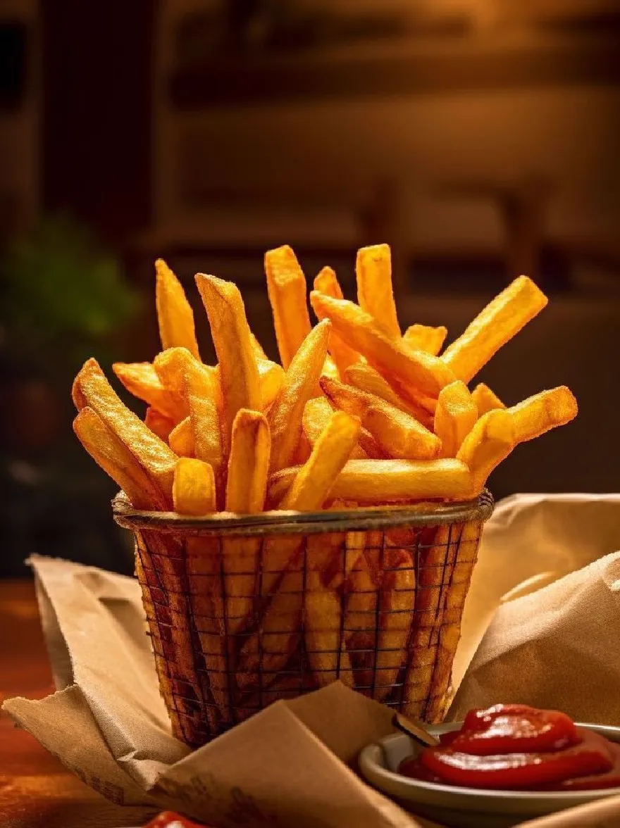 Русский промпт: Фото корзины золотисто-коричневого картофеля фри на деревянном столе, сопровождаемая двумя небольшими мисками кетчупа с обеих сторон. Фон смутно освещен теплым, золотым светом, создавая уютную атмосферу. Фри аккуратно расположен в корзине, с некоторыми перекрывающимися друг с другом. Кетчуп находится в маленьких белых мисках, а под корзиной есть салфетка. Общее настроение теплое и привлекательное, с акцентом на вкусную еду. | Original prompt: Photo of a basket of golden-brown french fries on a wooden table, accompanied by two small bowls of ketchup on either side. The background is dimly lit with warm, golden light, creating a cozy atmosphere. The fries are arranged neatly in the basket, with some overlapping each other. The ketchup is in small white bowls, and there is a napkin underneath the basket. The overall mood is warm and inviting, with a focus on the delicious meal.