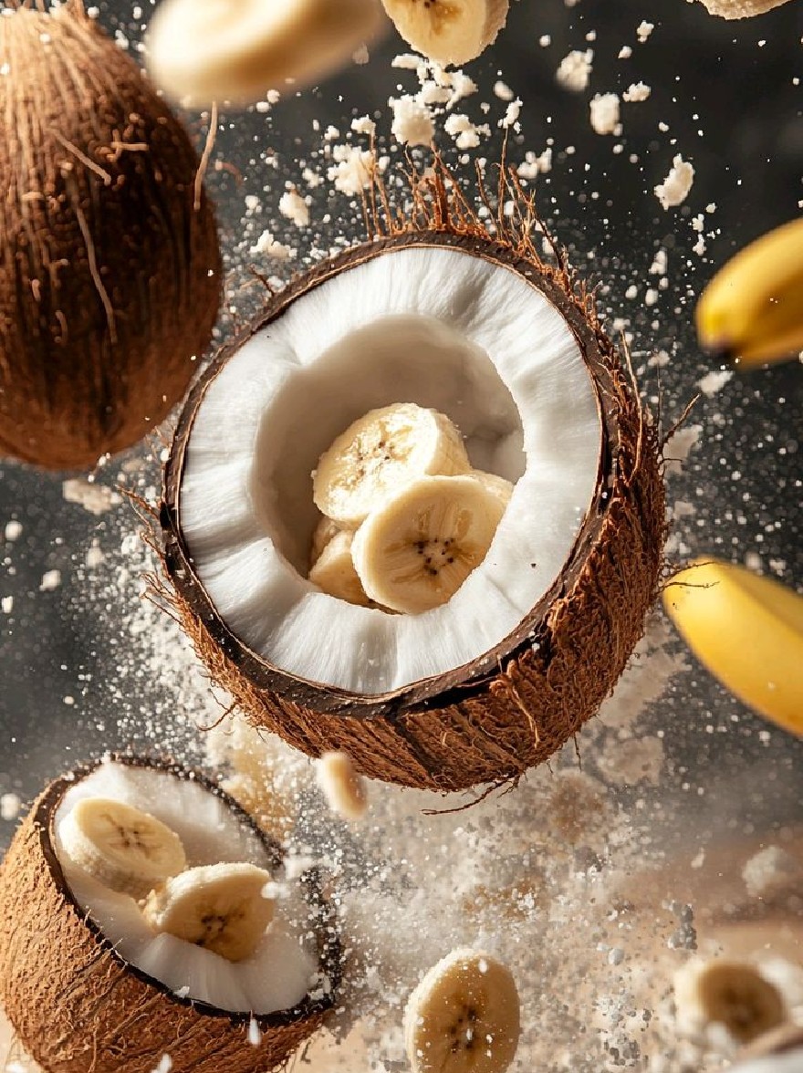 Русский промпт: Крупным планом выстрел из кокоса с нарезанными бананами, падающим в него, окружен шквалом частиц сахара. Фон размыт, с темной промышленной обстановкой. Основное внимание избирается на кокосовом орехе и бананах, создавая динамичную и захватывающую сцену. Текстура кокоса гладкая и блестящая, а бананы расположены таким образом, что они попадают в кокосовую оболочку. Частицы сахара разбросаны по кокосу, добавляя ощущение движения и энергии к изображению. Освещение яркое и естественное, подчеркивая текстуру и контрастность между темным фоном и светлым кокосом. Общий эффект - это свежесть и изобилие. | Original prompt: A close-up shot of a coconut with sliced bananas falling into it, surrounded by a flurry of sugar particles. The background is blurred, with a dark, industrial setting. The focus is selectively placed on the coconut and bananas, creating a dynamic and exciting scene. The texture of the coconut is smooth and shiny, and the bananas are arranged in a way that they are falling into the coconut shell. The sugar particles are scattered around the coconut, adding a sense of movement and energy to the image. The lighting is bright and natural, highlighting the texture and contrast between the dark background and the light-colored coconut. The overall effect is one of freshness and abundance.