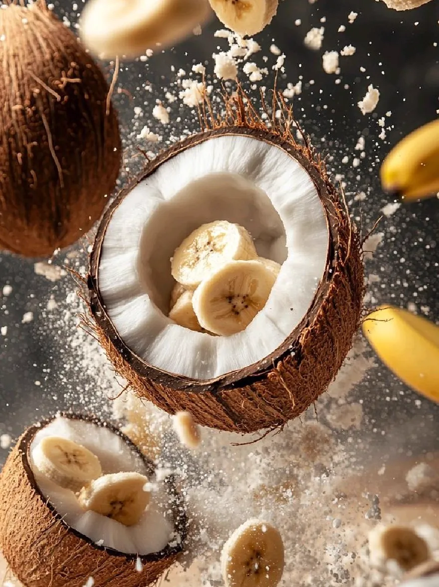 Русский промпт: Крупным планом выстрел из кокоса с нарезанными бананами, падающим в него, окружен шквалом частиц сахара. Фон размыт, с темной промышленной обстановкой. Основное внимание избирается на кокосовом орехе и бананах, создавая динамичную и захватывающую сцену. Текстура кокоса гладкая и блестящая, а бананы расположены таким образом, что они попадают в кокосовую оболочку. Частицы сахара разбросаны по кокосу, добавляя ощущение движения и энергии к изображению. Освещение яркое и естественное, подчеркивая текстуру и контрастность между темным фоном и светлым кокосом. Общий эффект - это свежесть и изобилие. | Original prompt: A close-up shot of a coconut with sliced bananas falling into it, surrounded by a flurry of sugar particles. The background is blurred, with a dark, industrial setting. The focus is selectively placed on the coconut and bananas, creating a dynamic and exciting scene. The texture of the coconut is smooth and shiny, and the bananas are arranged in a way that they are falling into the coconut shell. The sugar particles are scattered around the coconut, adding a sense of movement and energy to the image. The lighting is bright and natural, highlighting the texture and contrast between the dark background and the light-colored coconut. The overall effect is one of freshness and abundance.