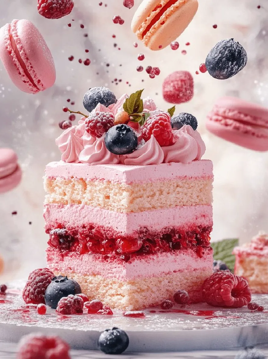 Русский промпт: Фотография кусочка торта с розовой глазурью, свежими ягодами и макаронами летает вокруг него. Торт помещается на подставку для белого торта, с размытым фоном. Ягоды включают малину, чернику и ежевику. Глазурь - светло -розовый цвет. Макароны в разных формах и размерах. Изображение имеет мягкое, мечтательное качество. Освещение мягкое и теплое, создавая уютную атмосферу. Основное внимание уделяется торту и ягодам. | Original prompt: Photo of a slice of cake with pink frosting, fresh berries, and macarons flying around it. The cake is placed on a white cake stand, with a blurred background. The berries include raspberries, blueberries, and blackberries. The frosting is a light pink color. The macarones are in various shapes and sizes. The image has a soft, dreamy quality. The lighting is soft and warm, creating a cozy atmosphere. The focus is on the cake and the berries.