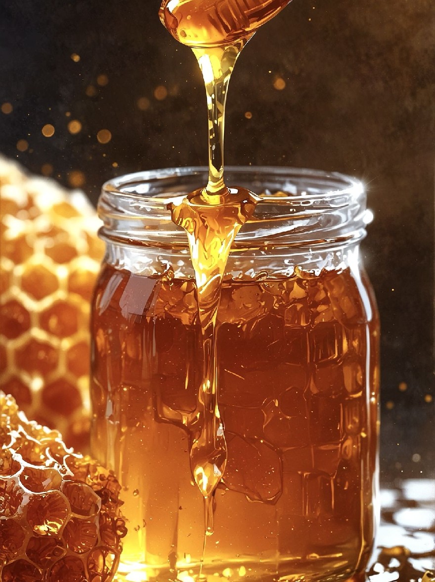 Русский промпт: Крупным планом банки с медом с ложкой, полной мед, капающей от нее. Банка изготовлена из стекла и имеет сотовой рисунок на поверхности. Мед золотой цвет и блестящий с золотым оттенком. Ложка серебряная и расположена в центре банки. Фон темный и размытый, с оттенком сотов на левой стороне. Освещение мягкое и теплое, создавая уютную атмосферу. Изображение имеет высококачественный, реалистичный стиль с акцентом на мед и ложке. | Original prompt: A close-up of a jar of honey with a spoon full of honey dripping from it. The jar is made of glass and has a honeycomb pattern on the surface. The honey is golden in color and glistening with a golden hue. The spoon is silver and is positioned in the center of the jar. The background is dark and blurred, with a hint of honeycombs on the left side. The lighting is soft and warm, creating a cozy atmosphere. The image has a high-quality, realistic style with a focus on the honey and the spoon.