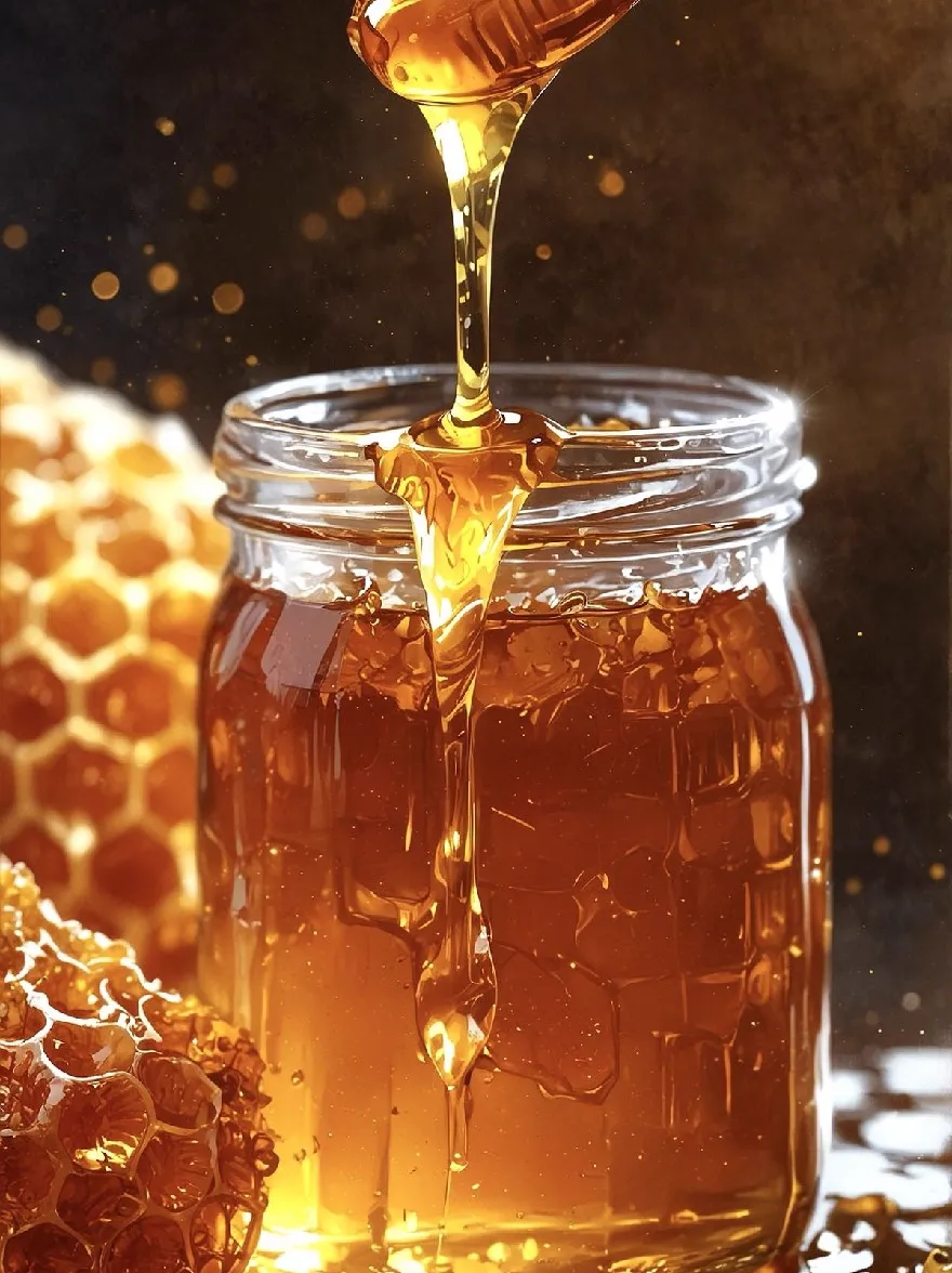 Русский промпт: Крупным планом банки с медом с ложкой, полной мед, капающей от нее. Банка изготовлена из стекла и имеет сотовой рисунок на поверхности. Мед золотой цвет и блестящий с золотым оттенком. Ложка серебряная и расположена в центре банки. Фон темный и размытый, с оттенком сотов на левой стороне. Освещение мягкое и теплое, создавая уютную атмосферу. Изображение имеет высококачественный, реалистичный стиль с акцентом на мед и ложке. | Original prompt: A close-up of a jar of honey with a spoon full of honey dripping from it. The jar is made of glass and has a honeycomb pattern on the surface. The honey is golden in color and glistening with a golden hue. The spoon is silver and is positioned in the center of the jar. The background is dark and blurred, with a hint of honeycombs on the left side. The lighting is soft and warm, creating a cozy atmosphere. The image has a high-quality, realistic style with a focus on the honey and the spoon.