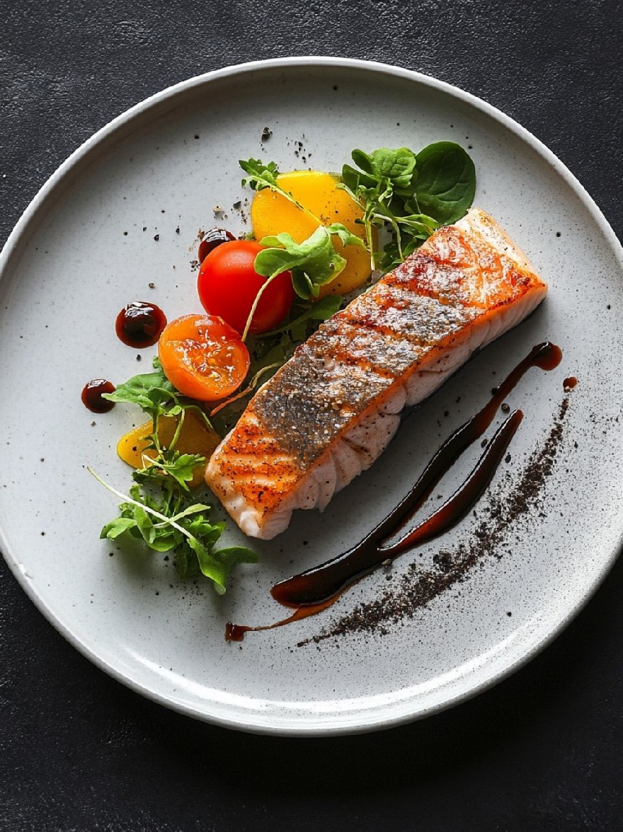 Русский промпт: Фотография тарелки с кусочком филе лосося на нем, увенчанная солью и сбрызгивается темным соусом. Лосось приготовлен до совершенства, с золотисто-коричневой корочкой и сочным, сочным центром. На тарелке есть два помидоры вишни, по одному с каждой стороны и ложе из свежих зеленых листьев рукколы. Тарелка установлена на темном текстурированном фоне. Освещение мягкое и естественное, выделяя лосось и овощи. Общая эстетика элегантная и сложная. | Original prompt: A photograph of a plate with a piece of salmon fillet on it, topped with a sprinkle of salt and drizzled with a dark sauce. The salmon is cooked to perfection, with a golden-brown crust and a juicy, succulent center. On the plate, there are two cherry tomatoes, one on each side, and a bed of fresh, green arugula leaves. The plate is set against a dark, textured background. The lighting is soft and natural, highlighting the salmon and vegetables. The overall aesthetic is elegant and sophisticated.