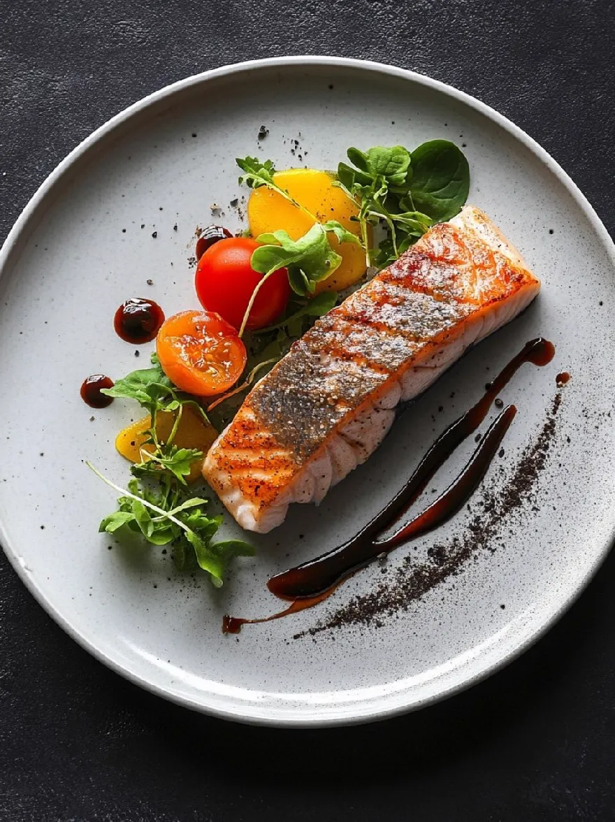 Русский промпт: Фотография тарелки с кусочком филе лосося на нем, увенчанная солью и сбрызгивается темным соусом. Лосось приготовлен до совершенства, с золотисто-коричневой корочкой и сочным, сочным центром. На тарелке есть два помидоры вишни, по одному с каждой стороны и ложе из свежих зеленых листьев рукколы. Тарелка установлена на темном текстурированном фоне. Освещение мягкое и естественное, выделяя лосось и овощи. Общая эстетика элегантная и сложная. | Original prompt: A photograph of a plate with a piece of salmon fillet on it, topped with a sprinkle of salt and drizzled with a dark sauce. The salmon is cooked to perfection, with a golden-brown crust and a juicy, succulent center. On the plate, there are two cherry tomatoes, one on each side, and a bed of fresh, green arugula leaves. The plate is set against a dark, textured background. The lighting is soft and natural, highlighting the salmon and vegetables. The overall aesthetic is elegant and sophisticated.