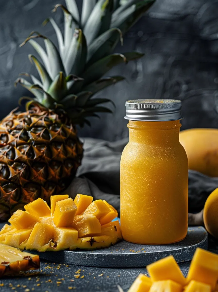 Русский промпт: Фотография стеклянной банки, наполненной желто-оранжевым смузи, расположенная на темной текстурированной поверхности, рядом с нарезанными манго и целым ананасом. Банка имеет серебряную крышку и заполнена до краев смузи. Ананас помещается рядом с банкой, с его колючими зелеными листьями все еще прикреплены. Фон представляет собой темно -серую текстурированную стену, обеспечивающую тонкий контраст с ярко -желтым плодом. Общая эстетика минималистичная и свежая, с акцентом на ингредиенты. | Original prompt: Photo of a glass jar filled with a yellow-orange smoothie, placed on a dark, textured surface, alongside sliced mangoes and a whole pineapple. The jar has a silver lid and is filled to the brim with the smoothie. The pineapple is placed next to the jar, with its spiky green leaves still attached. The background is a dark grey textured wall, providing a subtle contrast to the bright yellow of the fruit. The overall aesthetic is minimalistic and fresh, with a focus on the ingredients.