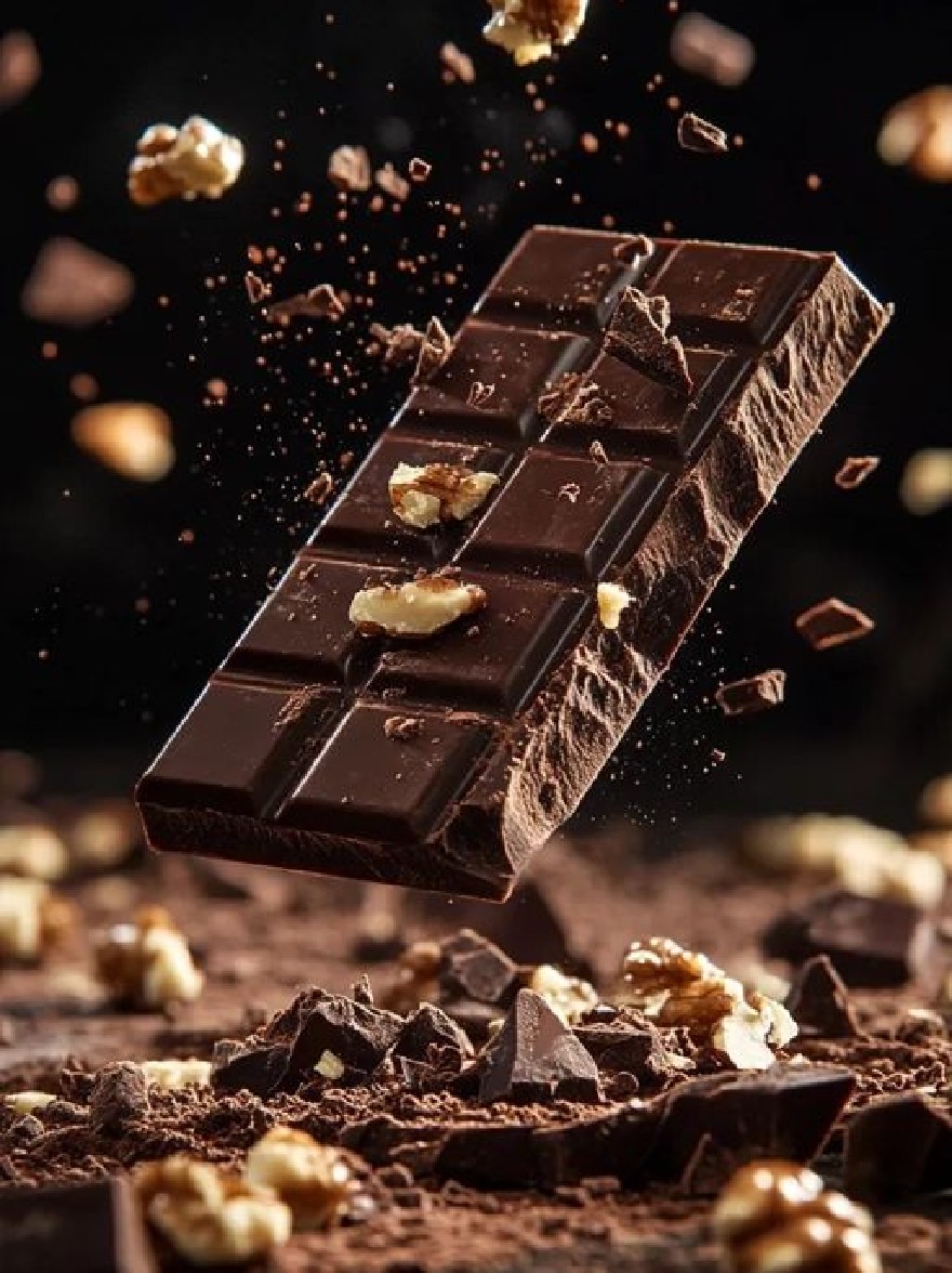 Русский промпт: Фотография темного шоколадного бара с грецкими орехами и какао -порошка разбросана вокруг него. Шоколадный батончик находится в центре рамы, подвешенный в воздухе, с кусочками шоколада и грецких орехов сверху. Фон размыта, с темной, дымной атмосферой. Освещение драматично, подчеркивая контраст между темным шоколадом и хрустящей текстурой грецких орехов. В правом верхнем углу в верхнем левом углу есть водяной знак. Изображение имеет разрешение высокой четкости, что делает его подходящим для широкоугольного выстрела. | Original prompt: A photograph of a dark chocolate bar with walnuts and cocoa powder scattered around it. The chocolate bar is in the center of the frame, suspended in mid-air, with chunks of chocolate and walnuts on top. The background is blurred, with a dark, smoky atmosphere. The lighting is dramatic, highlighting the contrast between the dark chocolate and the crunchy texture of the walnuts. In the top right corner, there is a watermark in the top left corner. The image has a high-definition resolution, making it suitable for a wide-angle shot.