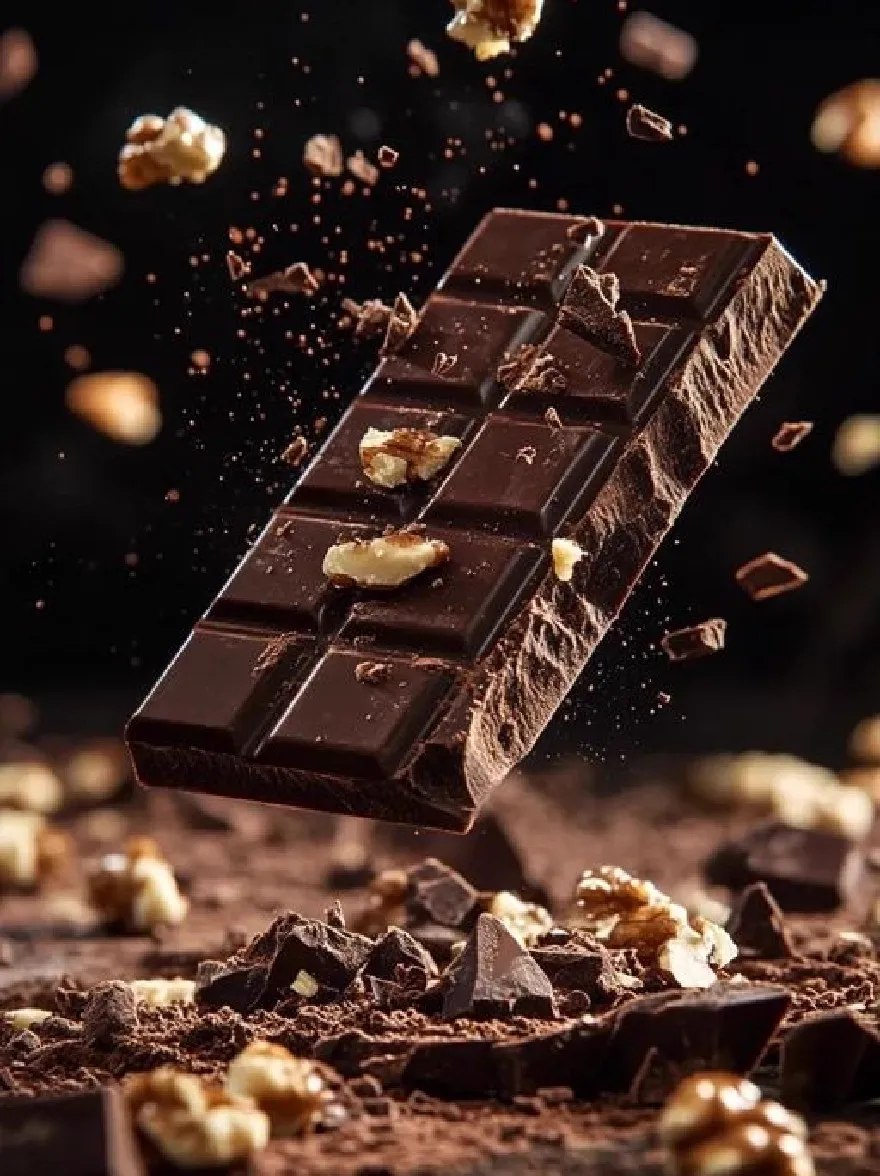 Русский промпт: Фотография темного шоколадного бара с грецкими орехами и какао -порошка разбросана вокруг него. Шоколадный батончик находится в центре рамы, подвешенный в воздухе, с кусочками шоколада и грецких орехов сверху. Фон размыта, с темной, дымной атмосферой. Освещение драматично, подчеркивая контраст между темным шоколадом и хрустящей текстурой грецких орехов. В правом верхнем углу в верхнем левом углу есть водяной знак. Изображение имеет разрешение высокой четкости, что делает его подходящим для широкоугольного выстрела. | Original prompt: A photograph of a dark chocolate bar with walnuts and cocoa powder scattered around it. The chocolate bar is in the center of the frame, suspended in mid-air, with chunks of chocolate and walnuts on top. The background is blurred, with a dark, smoky atmosphere. The lighting is dramatic, highlighting the contrast between the dark chocolate and the crunchy texture of the walnuts. In the top right corner, there is a watermark in the top left corner. The image has a high-definition resolution, making it suitable for a wide-angle shot.