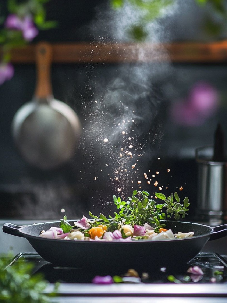 Русский промпт: Крупным планом фотографий сковороды, наполненной нарезанными овощами, травами и специями, приготовленными на газовой плите. Сковорода черная и имеет ручку с одной стороны. Овощи включают морковь, лук и петрушку. Фон размыт, но, кажется, это кухня с зеленью и деревянная ложка, висящая на стене. Освещение мягкое и естественное, создавая теплую и привлекательную атмосферу. Фокус избирательно помещается на овощи и специи, что делает их центром изображения. | Original prompt: A close-up photograph of a frying pan filled with chopped vegetables, herbs, and spices being cooked on a gas stove. The pan is black and has a handle on one side. The vegetables include carrots, onions, and parsley. The background is blurred, but it appears to be a kitchen with greenery and a wooden spoon hanging on the wall. The lighting is soft and natural, creating a warm and inviting atmosphere. The focus is selectively placed on the vegetables and spices, making them the focal point of the image.