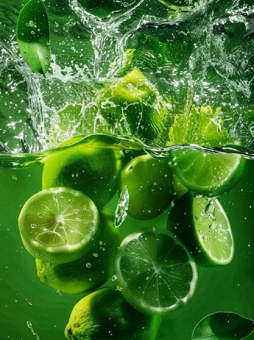 Русский промпт: Лаймы падают в воду с брызгами и пузырьками, создавая динамичную и освежающую сцену. Лаймы ярко -зеленый цвет и расположены по круговому рисунку, а некоторые перекрывают друг друга. Фон - яркий зеленый, обеспечивающий яркий контраст с ярко -зелеными тонами лайма. Вода чистая и отражает свет, с пузырями и капли видимыми на поверхности. Общий эффект - это свежесть и свежесть. Изображение высокое качество и имеет естественное, органическое чувство. | Original prompt: Limes falling into the water with splashes and bubbles, creating a dynamic and refreshing scene. The limes are bright green in color and are arranged in a circular pattern, with some overlapping each other. The background is a vibrant green, providing a vivid contrast to the bright green tones of the limes. The water is clear and reflects the light, with bubbles and droplets visible on the surface. The overall effect is one of freshness and freshness. The image is high quality and has a natural, organic feel to it.