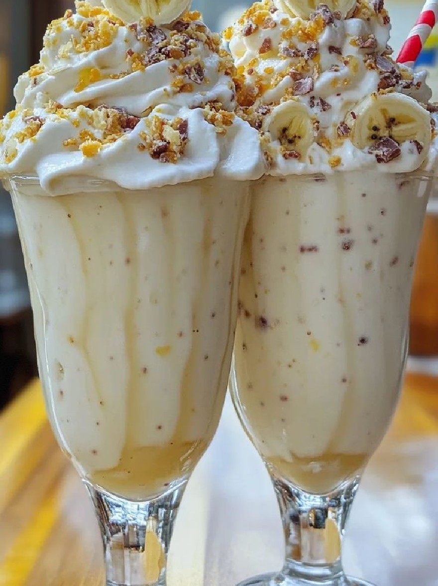 Русский промпт: Два стакана, наполненные сливочным банановым молочным коктейлем, увенчанным взбитыми сливками, нарезанными бананами и нарезанными орехами. Молочные коктейли расположены на деревянном столе с размытым фоном. Очки высокие и стройные, с красной и белой полосатой соломой, торчащей сверху. Кремовый, светло -желтый цвет бананового смузи прекрасно контрастирует с яркими цветами взбитых сливок и бананов. Фон немного не в фокусе, давая изображение ощущение глубины. | Original prompt: Two glasses filled with a creamy banana milkshake topped with whipped cream, chopped bananas, and chopped nuts. The milkshakes are placed on a wooden table with a blurred background. The glasses are tall and slender, with a red and white striped straw sticking out of the top. The creamy, light yellow color of the banana smoothie contrasts nicely with the bright colors of the whipped cream and bananas. The background is slightly out of focus, giving the image a sense of depth.