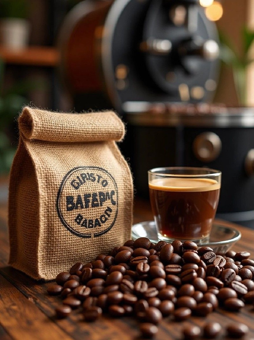 Русский промпт: Крупным планом деревянного стола с мешкой мешковиной с левой стороны, содержащей кофейные зерна и стеклянную чашку, наполненную темным пенистым кофе с правой стороны. В мешке есть винтажный лейбл Jute Sackcloth со словами, напечатанные на него словами, напечатанные. Фон размыт, но, кажется, это уютная, деревенская обстановка с кофейной кофемашина и некоторой зелени. Освещение мягкое и теплое, создавая уютную атмосферу. Фокус избирательно расположен на мешке и чашке, выделяя кофейные зерна. | Original prompt: A close-up of a wooden table with a burlap sack on the left side, containing coffee beans, and a glass cup filled with dark, frothy coffee on the right side. The sack has a vintage, jute sackcloth label with the words "Girly to BAFAPIC BABACON" printed on it. The background is blurred, but it appears to be a cozy, rustic setting with a coffee grinder and some greenery. The lighting is soft and warm, creating a cozy atmosphere. The focus is selectively placed on the sack and cup, making the coffee beans stand out.