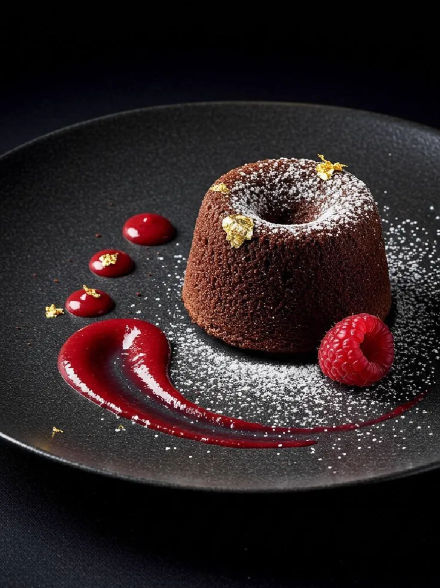 Русский промпт: Декадентский шоколадный лавовый пирог на черной тарелке, увенчанный щедрым количеством сахарной пудры и одной малиной. Торт - богатый темно -коричневый цвет, и он сбрызнул темно -красным малиновым соусом. Тарелка установлена на темном, матовом черном фоне, создавая поразительный контраст. Освещение мягкое и равномерное, подчеркивая текстуру торта и контраст между темной тарелкой и ярко -красным соусом. Есть также маленькие золотые звезды, разбросанные вокруг торта, добавляя оттенку элегантности в презентацию. | Original prompt: A decadent chocolate lava cake on a black plate, topped with a generous amount of powdered sugar and a single raspberry. The cake is a rich, dark brown color, and is drizzled with a deep red raspberry sauce. The plate is set against a dark, matte black background, creating a striking contrast. The lighting is soft and even, highlighting the texture of the cake and the contrast between the dark plate and the bright red sauce. There are also small, golden stars scattered around the cake, adding a touch of elegance to the presentation.