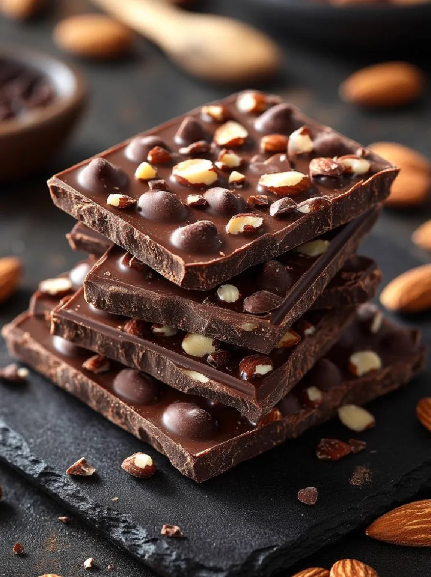 Русский промпт: Крупным планом стопки батончиков темного шоколада с орехами и шоколадными чипсами на сланцевой доске. Барни расположены в аккуратном стеке, причем каждая полоса слегка перекрывает тот, который ниже. Шоколадные батончики имеют богатый темно -коричневый цвет, а орехи включают миндаль, фундук и шоколадные куски. Фон размыт, но кажется темной, текстурированной поверхностью. Освещение мягкое и теплое, создавая уютную атмосферу. Изображение снимается под слегка повышенным углом, глядя на стержни. | Original prompt: A close-up of a stack of dark chocolate bars with nuts and chocolate chips on a slate board. The bars are arranged in a neat stack, with each bar slightly overlapping the one below it. The chocolate bars have a rich, dark brown color, and the nuts include almonds, hazelnuts, and chocolate chunks. The background is blurred, but it appears to be a dark, textured surface. The lighting is soft and warm, creating a cozy atmosphere. The image is taken from a slightly elevated angle, looking down on the bars.