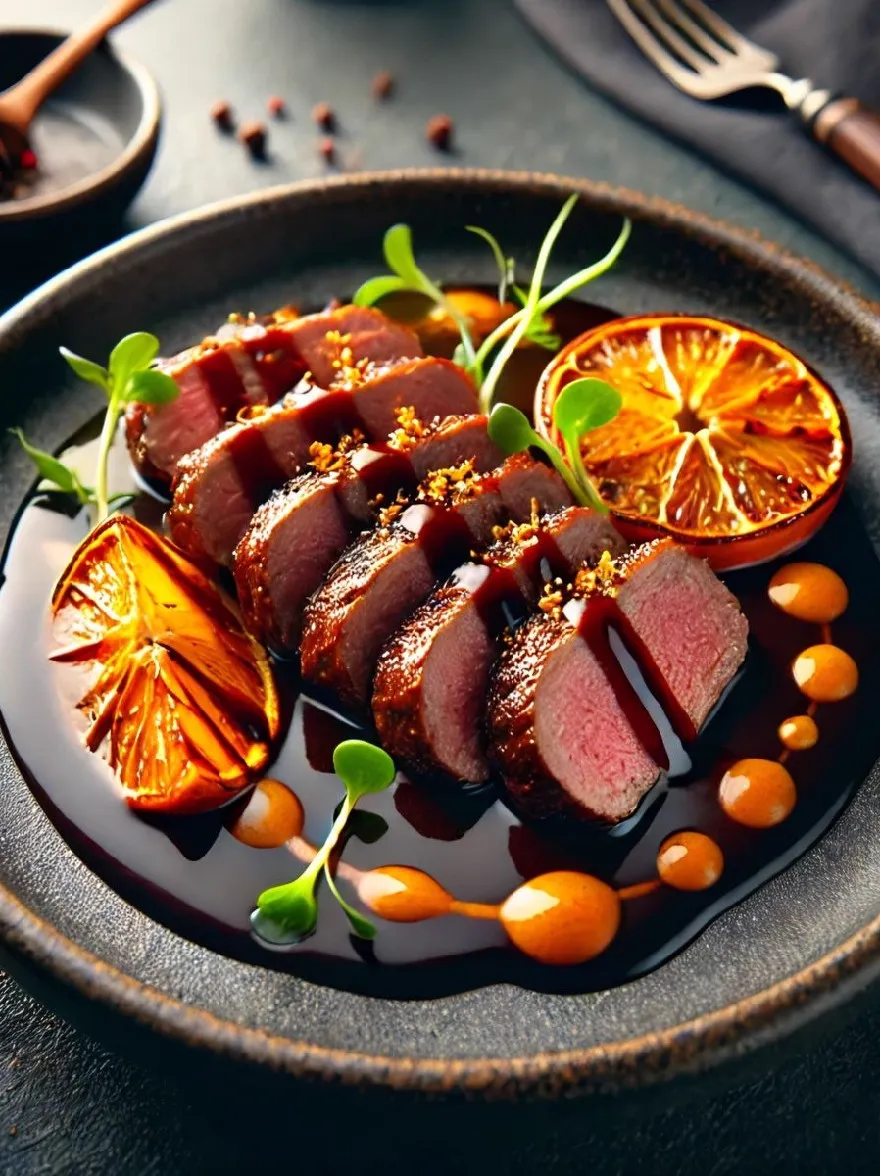 Русский промпт: A photograph of a plate of grilled beef tenderloin with blood orange slices, drizzled with a dark sauce and garnished with microgreens. The plate is set on a dark, textured surface, with a wooden spoon and a small bowl of honey nearby. The background is blurred, but it appears to be a rustic setting with a table setting. The focus is selectively placed on the plate, highlighting the delicious meal. Изображение высококачественное и имеет водяной знак в правом нижнем углу. | Original prompt: A photograph of a plate of grilled beef tenderloin with blood orange slices, drizzled with a dark sauce and garnished with microgreens. The plate is set on a dark, textured surface, with a wooden spoon and a small bowl of honey nearby. The background is blurred, but it appears to be a rustic setting with a table setting. The focus is selectively placed on the plate, highlighting the delicious meal. The image is high quality and has a watermark in the bottom right corner.