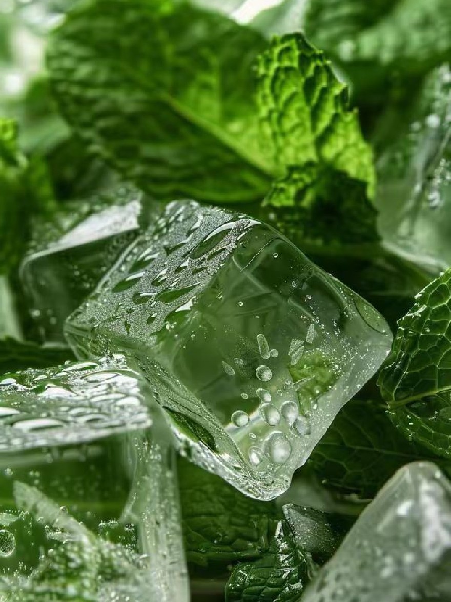 Русский промпт:  | Original prompt: Photo of ice cubes with water droplets on them, surrounded by fresh mint leaves, with a blurred green background. The ice cubes are transparent and glistening with water, and the mint leaves are a vibrant green color. The image is taken from a close-up angle, focusing on the ice cubes and mint leaves. In the bottom right corner, there is a watermark. The lighting is soft and natural, highlighting the texture of the ice and the freshness of the leaves.