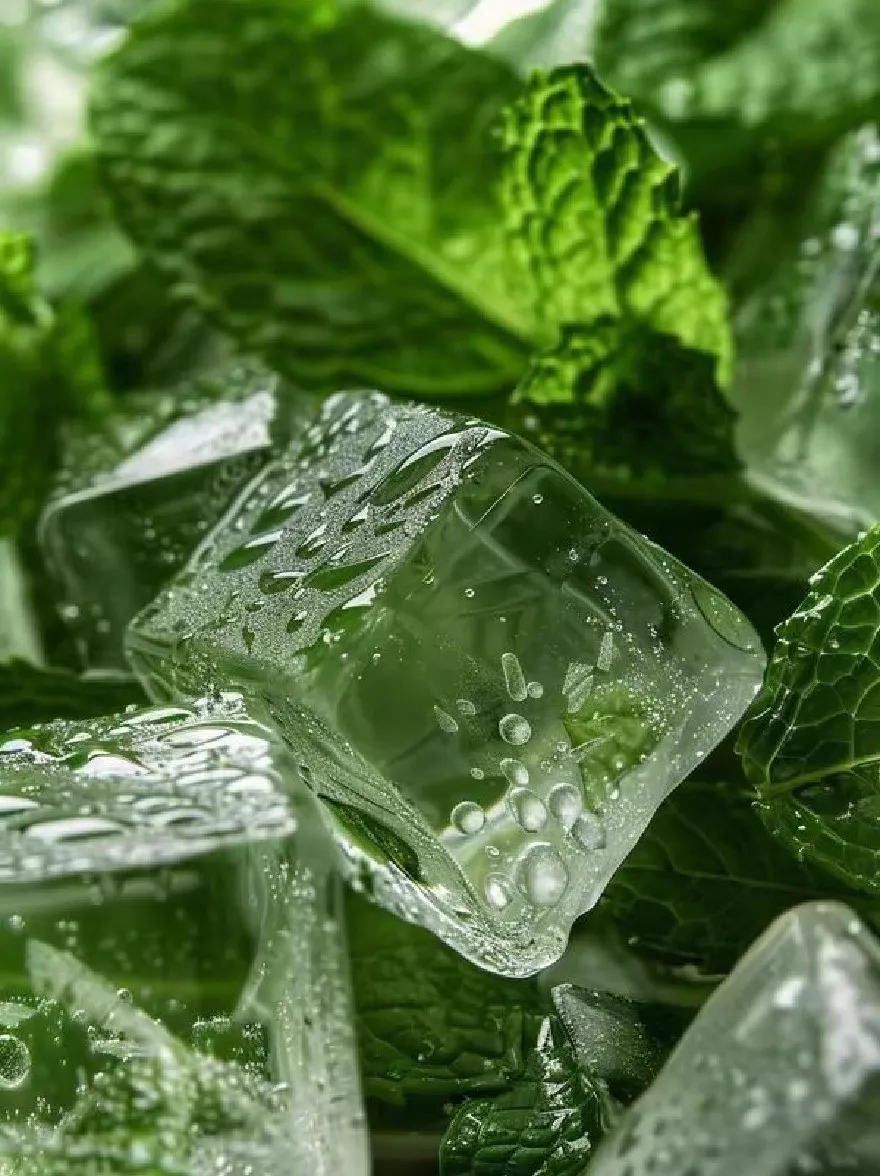 Русский промпт:  | Original prompt: Photo of ice cubes with water droplets on them, surrounded by fresh mint leaves, with a blurred green background. The ice cubes are transparent and glistening with water, and the mint leaves are a vibrant green color. The image is taken from a close-up angle, focusing on the ice cubes and mint leaves. In the bottom right corner, there is a watermark. The lighting is soft and natural, highlighting the texture of the ice and the freshness of the leaves.