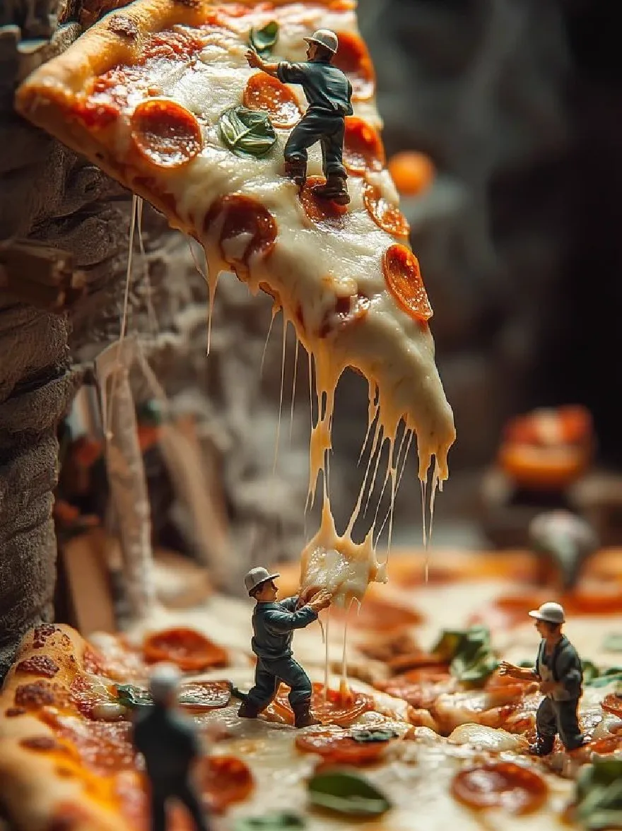 Русский промпт:  | Original prompt: A photograph of miniature figurines of soldiers carrying a slice of pepperoni pizza with melted cheese and basil leaves. The scene is set in a dimly lit, rustic kitchen with a brick wall in the background. The soldiers are wearing helmets and carrying bags, and one soldier is standing on top of the pizza, while the other is reaching towards it. The focus is selectively placed on the soldiers and the pizza. The overall mood is nostalgic and nostalgic.