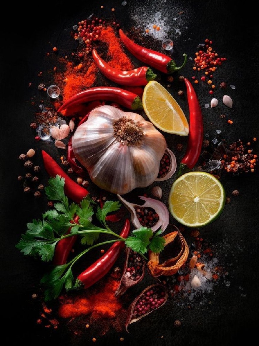 Русский промпт: Натюрморт различных специй и трав, расположенных в круглой композиции на темной текстурированной поверхности. Есть красные чили, лимонные ломтики, зубчики чеснока, кинза, специи и перец разбросаны, создавая яркий и красочный дисплей. Композиция очень подробно, с акцентом на ингредиенты и текстуры. Освещение драматичное, подчеркивая контраст между темным фоном и яркими цветами специй. Общий эффект - это изобилие и свежесть, что делает его очаровательным и визуально привлекательным изображением. | Original prompt: A still life of various spices and herbs arranged in a circular composition on a dark, textured surface. There are red chilies, lemon slices, garlic cloves, cilantro, spices, and peppercorns scattered around, creating a vibrant and colorful display. The composition is highly detailed, with a focus on the ingredients and textures. The lighting is dramatic, highlighting the contrast between the dark background and the bright colors of the spices. The overall effect is one of abundance and freshness, making it a captivating and visually appealing image.
