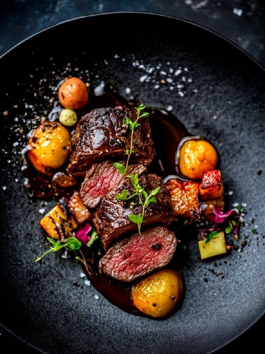 Русский промпт: Фотография стейка филе, подаваемой на черной тарелке, украшенной жареным картофелем и разнообразными овощами. Стейк приготовлен средним редким, с богатой темно -коричневой корочкой и сочным, нежным центром. Овощи включают жареный картофель, морковь и свеклу, а также расположены вокруг стейка. Пластина установлена на темном, текстурированном фоне, придавая изображению сложное и элегантное чувство. Освещение мягкое и натуральное, выделяя стейк и овощи, выделяя цвета и текстуры пищи. | Original prompt: A photograph of a sirloin steak served on a black plate, garnished with roasted potatoes and a variety of vegetables. The steak is cooked medium rare, with a rich, dark brown crust and a juicy, tender center. The vegetables include roasted potatoes, carrots, and beets, and are arranged around the steak. The plate is set against a dark, textured background, giving the image a sophisticated and elegant feel. The lighting is soft and natural, highlighting the steak and vegetables, making the colors and textures of the food stand out.