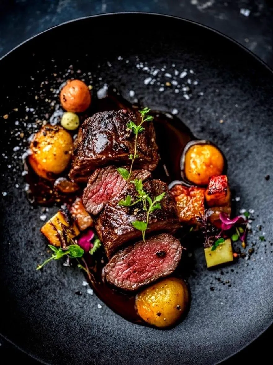 Русский промпт: Фотография стейка филе, подаваемой на черной тарелке, украшенной жареным картофелем и разнообразными овощами. Стейк приготовлен средним редким, с богатой темно -коричневой корочкой и сочным, нежным центром. Овощи включают жареный картофель, морковь и свеклу, а также расположены вокруг стейка. Пластина установлена на темном, текстурированном фоне, придавая изображению сложное и элегантное чувство. Освещение мягкое и натуральное, выделяя стейк и овощи, выделяя цвета и текстуры пищи. | Original prompt: A photograph of a sirloin steak served on a black plate, garnished with roasted potatoes and a variety of vegetables. The steak is cooked medium rare, with a rich, dark brown crust and a juicy, tender center. The vegetables include roasted potatoes, carrots, and beets, and are arranged around the steak. The plate is set against a dark, textured background, giving the image a sophisticated and elegant feel. The lighting is soft and natural, highlighting the steak and vegetables, making the colors and textures of the food stand out.