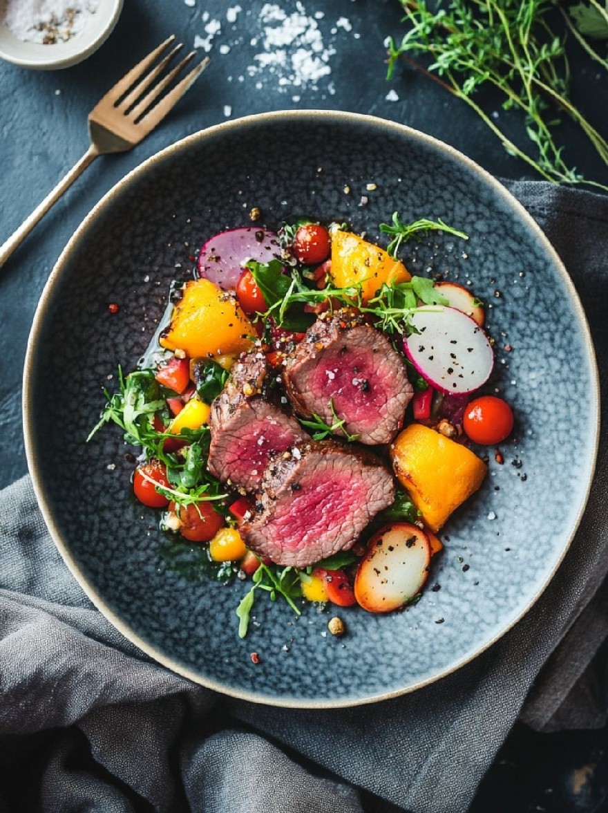 Русский промпт: Фотография тарелки с жареным стейком с различными овощами, включая нарезанную свеклу, редис и помидоры вишни, расположенные красочным и аппетитным образом. Тарелка установлена на темной текстурированной поверхности, с вилкой, отдыхающей на стороне. Стейк приготовлен средним редким, а овощи слегка приправлены травами и специями. Цвета ингредиентов прекрасно контрастируют с темным фоном, создавая визуально привлекательное блюдо. Изображение снимается под большим углом, глядя на тарелку и его содержимое. | Original prompt: Photo of a plate of grilled steak with a variety of vegetables, including sliced beets, radishes, and cherry tomatoes, arranged in a colorful and appetizing way. The plate is set on a dark, textured surface, with a fork resting on the side. The steak is cooked medium rare, and the vegetables are lightly seasoned with herbs and spices. The colors of the ingredients contrast nicely with the dark background, creating a visually appealing dish. The image is taken from a high angle, looking down on the plate and its contents.