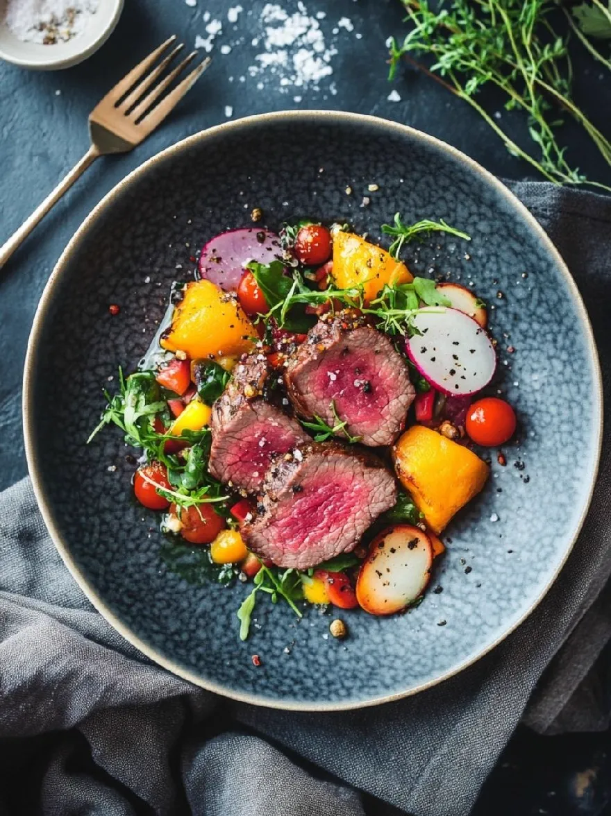 Русский промпт: Фотография тарелки с жареным стейком с различными овощами, включая нарезанную свеклу, редис и помидоры вишни, расположенные красочным и аппетитным образом. Тарелка установлена на темной текстурированной поверхности, с вилкой, отдыхающей на стороне. Стейк приготовлен средним редким, а овощи слегка приправлены травами и специями. Цвета ингредиентов прекрасно контрастируют с темным фоном, создавая визуально привлекательное блюдо. Изображение снимается под большим углом, глядя на тарелку и его содержимое. | Original prompt: Photo of a plate of grilled steak with a variety of vegetables, including sliced beets, radishes, and cherry tomatoes, arranged in a colorful and appetizing way. The plate is set on a dark, textured surface, with a fork resting on the side. The steak is cooked medium rare, and the vegetables are lightly seasoned with herbs and spices. The colors of the ingredients contrast nicely with the dark background, creating a visually appealing dish. The image is taken from a high angle, looking down on the plate and its contents.