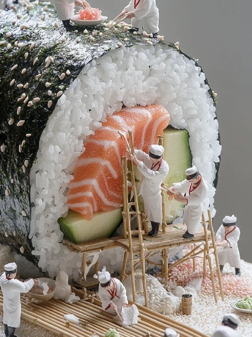 Русский промпт: Фотография миниатюрных поваров, готовящих суши, с большим суши -рулетом в центре. Суши -рулон покрыт белым рисом и увенчан щедрой частью лосося, огурца и семян кунжута. Повара носят традиционную белую форму с красными шарфами, а некоторые используют палочки для еды, чтобы поднять куски лосося. Фон - простой, приглушенный серый, а повара расположены вокруг суши -рулона, тщательно располагая ингредиенты. Освещение мягкое и равномерное, подчеркивая замысловатые детали суши -рулонов и работы поваров. Общая эстетика является минималистичной и причудливой. | Original prompt: Photograph of miniature chefs preparing sushi rolls, with a large sushi roll in the center. The sushi roll is covered in white rice and topped with a generous portion of salmon, cucumber, and sesame seeds. The chefs are wearing traditional white uniforms with red scarves, and some are using chopsticks to pick up pieces of salmon. The background is a simple, muted grey, and the chefs are positioned around the sushi roll, carefully arranging the ingredients. The lighting is soft and even, highlighting the intricate details of the sushi rolls and chefs' work. The overall aesthetic is minimalistic and whimsical.