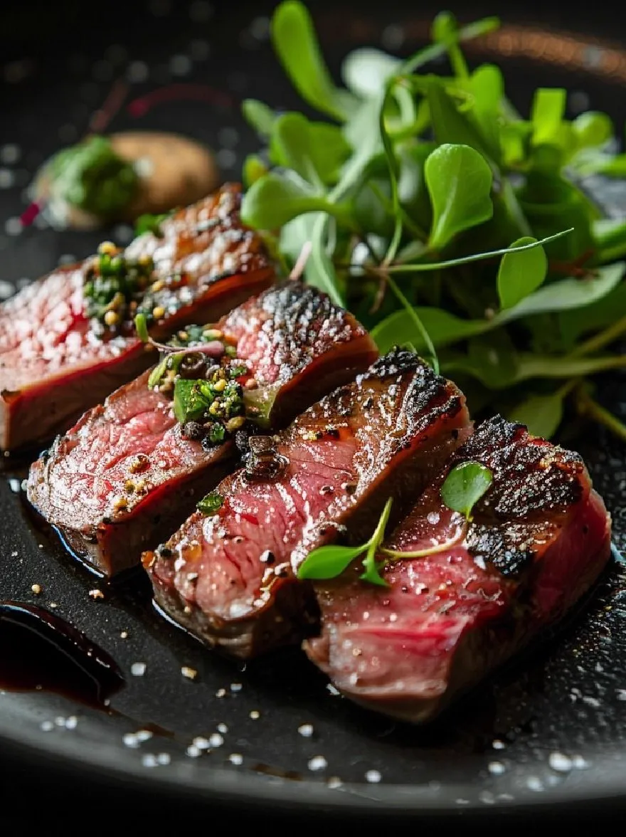Русский промпт: Крупным планом нарезанного стейка на черной тарелке, увенчанном моросящим бальзамическим уксусом и посыпанный семенами кунжута. Стейк приготовлен до совершенства, с мраморной корочкой и сочным, нежным центром. Тарелка украшена слоем свежих, зеленых микрогринов, добавляя в блюдо популярную популярность. Фон размыта, подчеркивая внимание на стейке и его сопровождении. Освещение мягкое и естественное, подчеркивая текстуру стейка и контраст между темной тарелкой и яркой зеленью. Общая эстетика элегантная и сложная. | Original prompt: A close-up of a sliced steak on a black plate, topped with a drizzle of balsamic vinegar and sprinkled with sesame seeds. The steak is cooked to perfection, with a marbled crust and a juicy, tender center. The plate is garnished with a bed of fresh, green microgreens, adding a pop of color to the dish. The background is blurred, emphasizing the focus on the steak and its accompaniments. The lighting is soft and natural, highlighting the steak's texture and the contrast between the dark plate and the vibrant greens. The overall aesthetic is elegant and sophisticated.