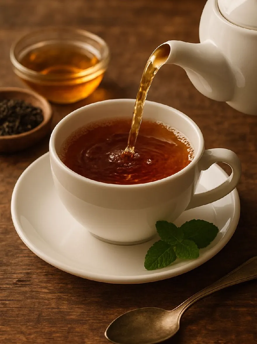 Русский промпт: Фотография белого чайника, наливающего чай в белую чашку на деревянный стол. Чашка помещается на блюдце с ложкой рядом с ней. Чай - богатый темно -коричневый цвет и имеет гладкую глянцевую текстуру. На блюдце есть веточка мяты. На левой стороне изображения есть небольшая деревянная миска, наполненная большим количеством чайных листьев. Фон размыт, но это кажется деревенской обстановкой. Освещение мягкое и теплое, создавая уютную атмосферу. | Original prompt: A photograph of a white teapot pouring tea into a white cup on a wooden table. The cup is placed on a saucer with a spoon beside it. The tea is a rich, dark brown color and has a smooth, glossy texture. There is a sprig of mint on the saucer. On the left side of the image, there is a small wooden bowl filled with more tea leaves. The background is blurred, but it appears to be a rustic setting. The lighting is soft and warm, creating a cozy atmosphere.