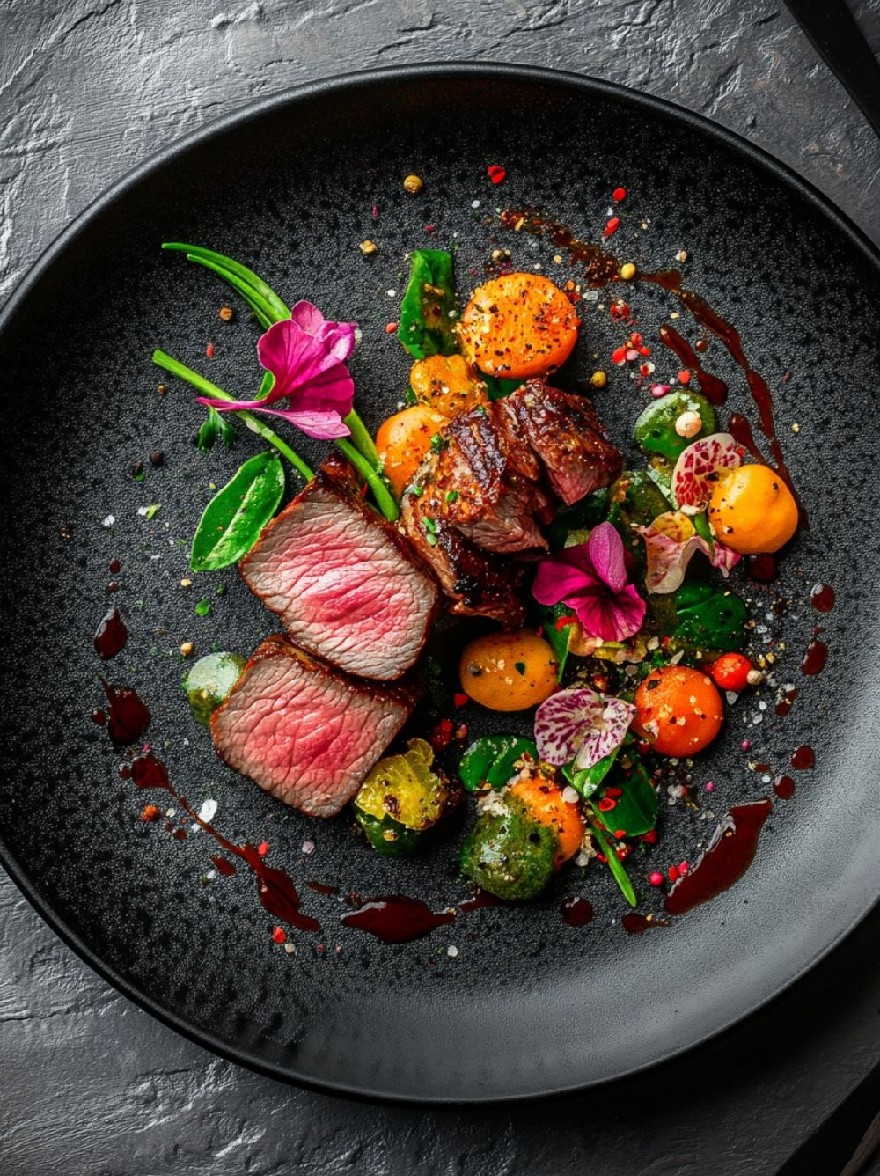 Русский промпт: Фотография тарелки из жареного говяжьего стейка с различными овощами и травами, расположенными вокруг нее. Стейк нарезается на тонкие полоски и подается на черной тарелке с темной текстурированной поверхностью. Овощи включают жареные помидоры, огурцы и зелень, увенчанные моросящей мороней бальзамического уксуса. Тарелка украшена розовым цветом. Фон представляет собой темно -серый каменный поверхность, обеспечивающая резкий контраст с яркими цветами пищи. Изображение взято с точки зрения сверху вниз, сосредотачиваясь на стейке и овощах. | Original prompt: A photograph of a plate of grilled beef steak with a variety of vegetables and herbs arranged around it. The steak is sliced into thin strips and served on a black plate with a dark, textured surface. The vegetables include roasted tomatoes, cucumbers, and greens, topped with a drizzle of balsamic vinegar. The plate is garnished with a pink flower. The background is a dark grey stone surface, providing a stark contrast to the vibrant colors of the food. The image is taken from a top-down perspective, focusing on the steak and vegetables.