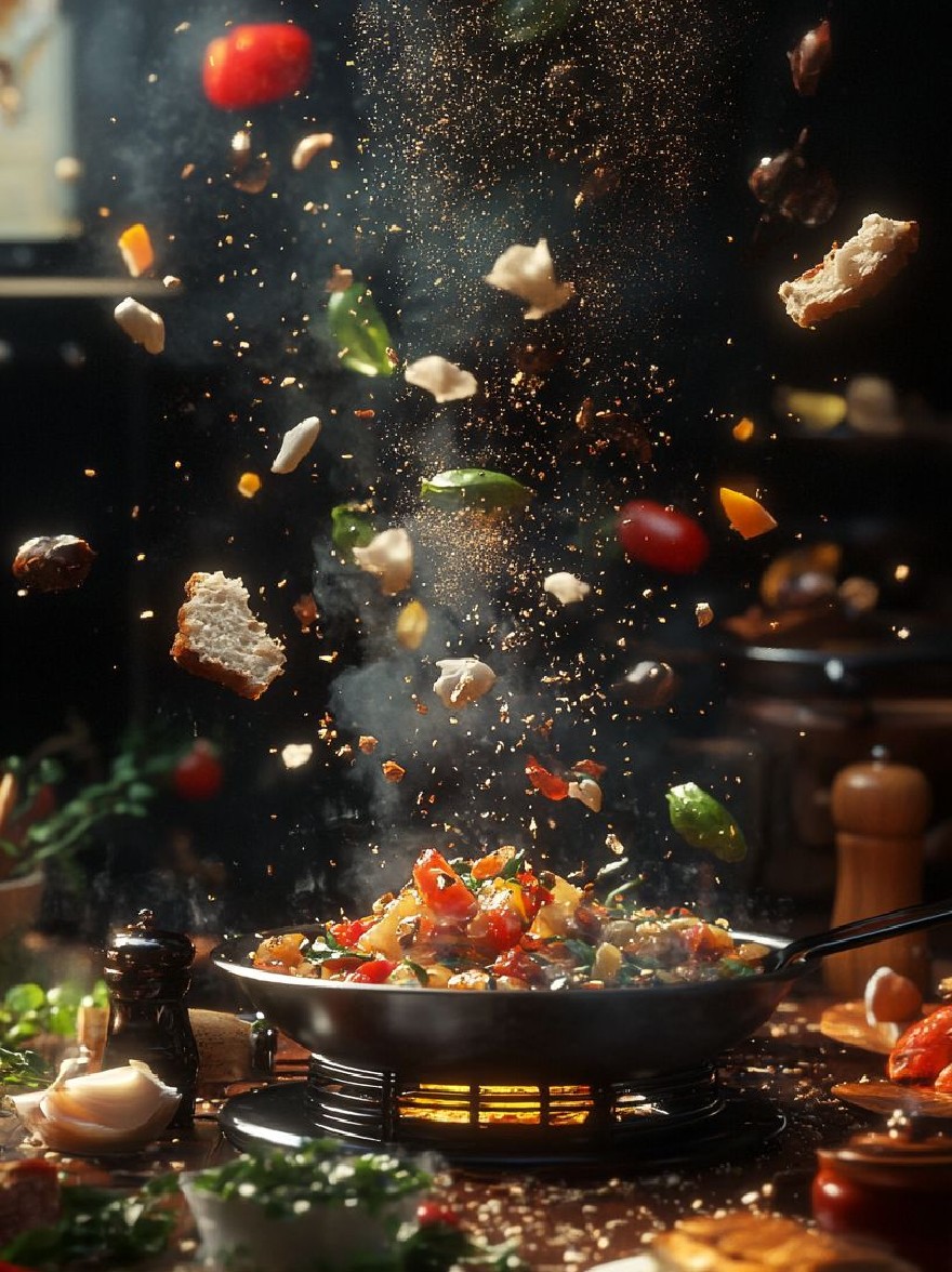 Русский промпт: Фотография сковороды, наполненной красочной смесью овощей и хлеба, подвешенная в воздухе, с эффектом золотистого пыли. Кастрюль расположена на деревянном столе, окруженном различными ингредиентами, такими как помидоры, лук, чеснок и базилик. Фон размыт, но, похоже, это тускло освещенная кухня с деревянной столешницей. Освещение мягкое и теплое, создавая уютную атмосферу. Изображение имеет высококачественный, реалистичный стиль с акцентом на яркие цвета и текстуры ингредиентов. | Original prompt: Photo of a frying pan filled with a colorful mix of vegetables and bread, suspended in mid-air, with a golden dusting effect. The pan is placed on a wooden table, surrounded by various ingredients such as tomatoes, onions, garlic, and basil. The background is blurred, but it appears to be a dimly lit kitchen with a wooden countertop. The lighting is soft and warm, creating a cozy atmosphere. The image has a high-quality, realistic style with a focus on the vibrant colors and textures of the ingredients.