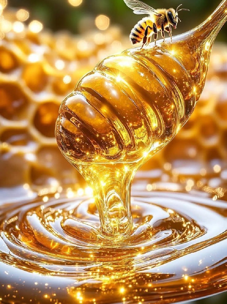 Русский промпт: Крупный план соты с медовой пчелой, расположенной на вершине. Сота золотистого цвета и имеет волнистую, похожую на сосовую текстуру. Пчела расположена в центре изображения, с широко распределенными крыльями, как будто она собирается взлететь. Фон размыт, с эффектом Боке, придавая изображению мечтательное, эфирное качество. Основное внимание избирается на соты и пчел, создавая завораживающий эффект. Изображение имеет мягкое, мечтательное качество с теплым, золотым оттенком. | Original prompt: A close-up of a honeycomb with a honey bee perched on top of it. The honeycomb is golden in color and has a wavy, honeycomb-like texture. The bee is positioned in the center of the image, with its wings spread wide, as if it is about to take flight. The background is blurred, with a bokeh effect, giving the image a dreamy, ethereal quality. The focus is selectively placed on the honeycomb and the bee, creating a mesmerizing effect. The image has a soft, dreamy quality with a warm, golden hue.