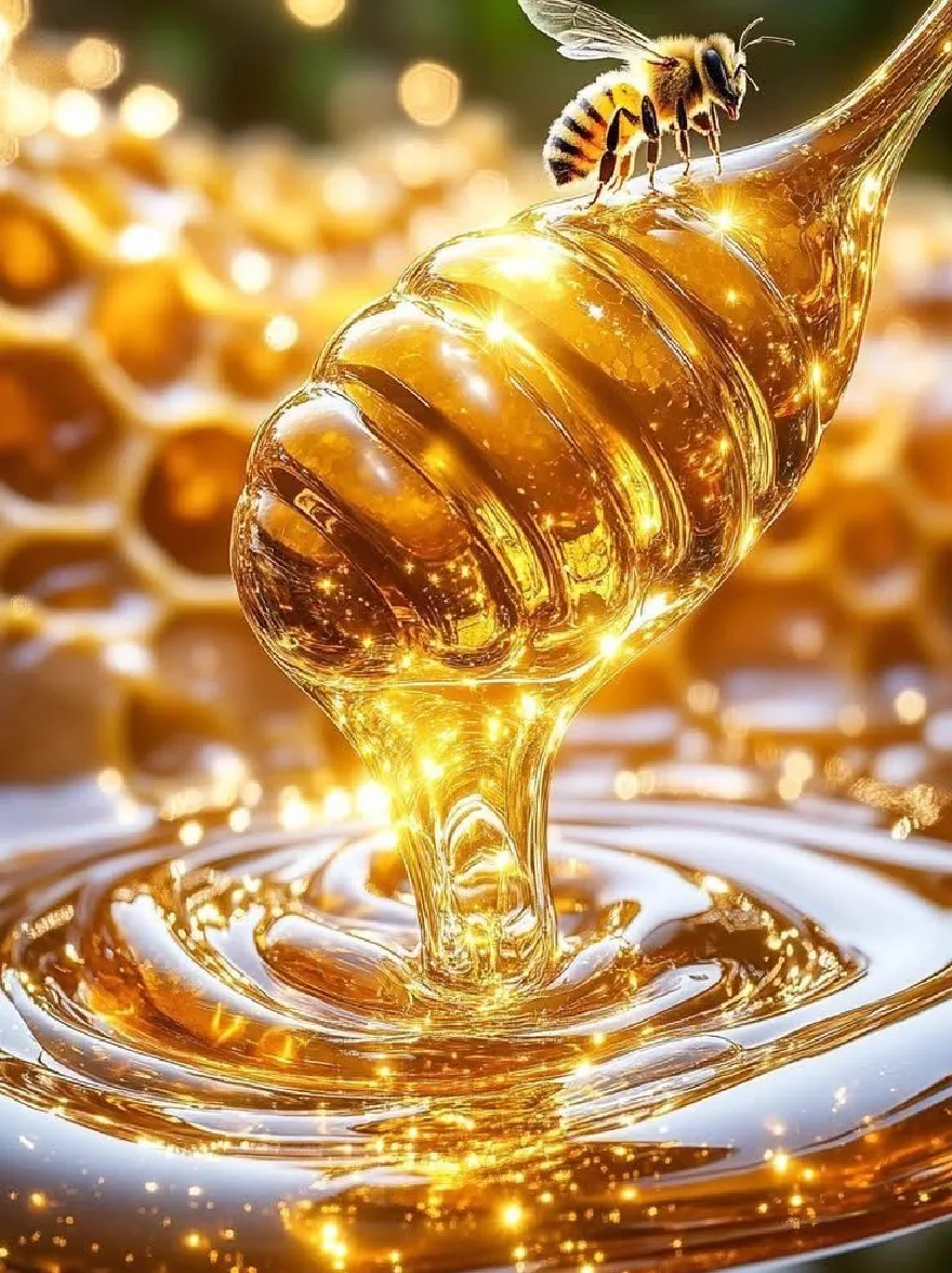 Русский промпт: Крупный план соты с медовой пчелой, расположенной на вершине. Сота золотистого цвета и имеет волнистую, похожую на сосовую текстуру. Пчела расположена в центре изображения, с широко распределенными крыльями, как будто она собирается взлететь. Фон размыт, с эффектом Боке, придавая изображению мечтательное, эфирное качество. Основное внимание избирается на соты и пчел, создавая завораживающий эффект. Изображение имеет мягкое, мечтательное качество с теплым, золотым оттенком. | Original prompt: A close-up of a honeycomb with a honey bee perched on top of it. The honeycomb is golden in color and has a wavy, honeycomb-like texture. The bee is positioned in the center of the image, with its wings spread wide, as if it is about to take flight. The background is blurred, with a bokeh effect, giving the image a dreamy, ethereal quality. The focus is selectively placed on the honeycomb and the bee, creating a mesmerizing effect. The image has a soft, dreamy quality with a warm, golden hue.