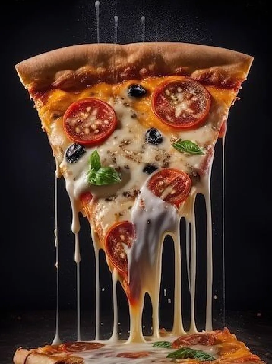 Русский промпт: Фотография кусочка пиццы с расплавленным сыром, нарезанными помидорами, оливками и листьями базилика на темной деревянной поверхности. Пицца находится на переднем плане, с темным фоном. Сыр капает по бокам пиццы, создавая драматический эффект. Помидоры расположены по круговому рисунку, с некоторыми перекрывающимися друг с другом. Корка золотисто -коричневая, а сыр растоплен и пузырько. Листья базилика являются ярким зеленым, добавляя в остальное монохроматическое изображение. Освещение драматично, подчеркивая текстуру сыра и начинки. Общий эффект - это вкусность и снисходительность. | Original prompt: A photograph of a slice of pizza with melted cheese, sliced tomatoes, olives, and basil leaves on a dark wooden surface. The pizza is in the foreground, with a dark background. The cheese is dripping down the sides of the pizza, creating a dramatic effect. The tomatoes are arranged in a circular pattern, with some overlapping each other. The crust is golden brown, and the cheese is melted and bubbly. The basil leaves are a vibrant green, adding a pop of color to the otherwise monochromatic image. The lighting is dramatic, highlighting the texture of the cheese and the toppings. The overall effect is one of deliciousness and indulgence.