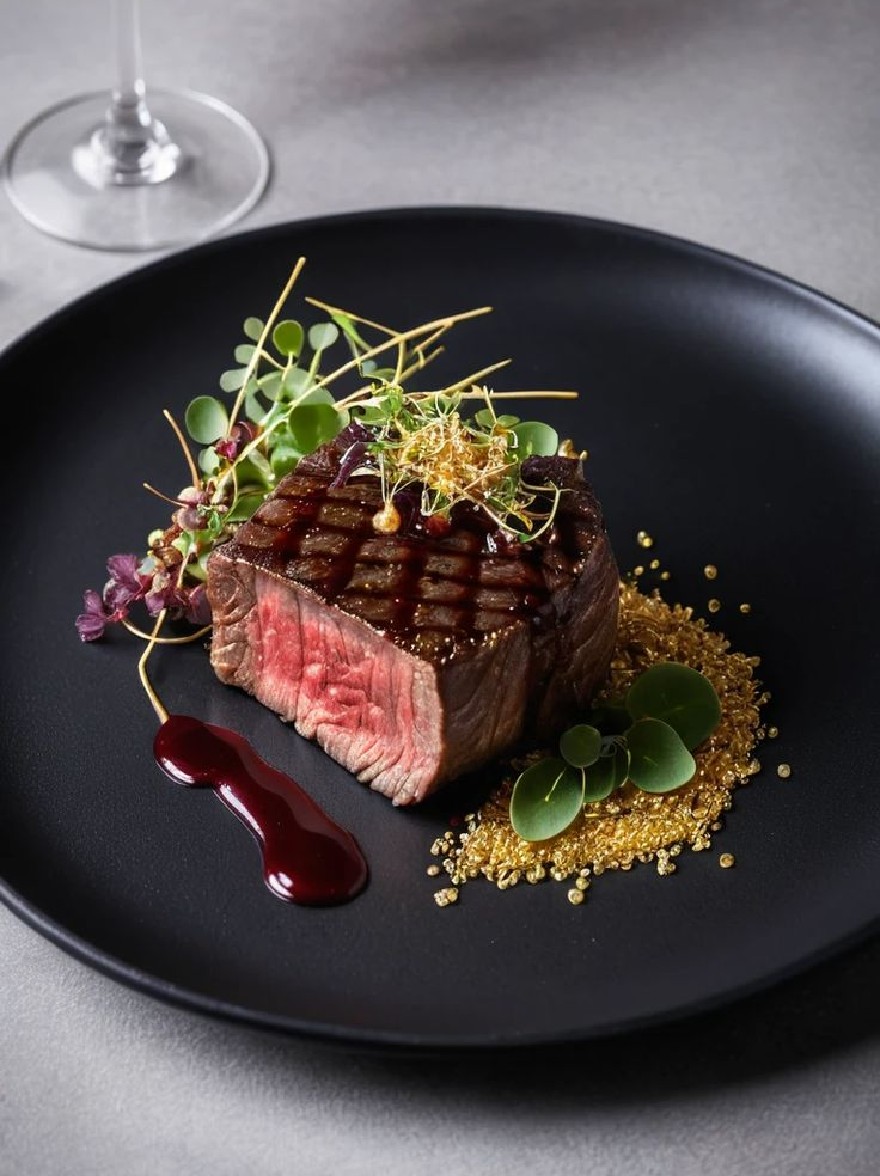 Русский промпт: Фотография жареной говяжьей стейка на черной тарелке, украшенной микрогринами и дождь бальзамического уксуса. Стейк приготовлен до совершенства, с золотой корой и нежным, сочным центром. Пластина установлена на темном, текстурированном фоне с тонкой, приглушенной цветовой палитрой. Слева от стейка помещается бокал красного вина, добавляя прикосновение изысканности к презентации. Освещение мягкое и естественное, подчеркивая текстуру стейка и яркие цвета ингредиентов. Общая эстетика элегантная и сложная. | Original prompt: A photograph of a grilled beef steak on a black plate, garnished with microgreens and a drizzle of balsamic vinegar. The steak is cooked to perfection, with a golden crust and a tender, juicy center. The plate is set against a dark, textured background with a subtle, muted color palette. A glass of red wine is placed to the left of the steak, adding a touch of sophistication to the presentation. The lighting is soft and natural, highlighting the steak's texture and the vibrant colors of the ingredients. The overall aesthetic is elegant and sophisticated.