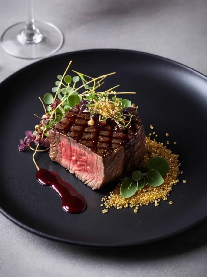Русский промпт: Фотография жареной говяжьей стейка на черной тарелке, украшенной микрогринами и дождь бальзамического уксуса. Стейк приготовлен до совершенства, с золотой корой и нежным, сочным центром. Пластина установлена на темном, текстурированном фоне с тонкой, приглушенной цветовой палитрой. Слева от стейка помещается бокал красного вина, добавляя прикосновение изысканности к презентации. Освещение мягкое и естественное, подчеркивая текстуру стейка и яркие цвета ингредиентов. Общая эстетика элегантная и сложная. | Original prompt: A photograph of a grilled beef steak on a black plate, garnished with microgreens and a drizzle of balsamic vinegar. The steak is cooked to perfection, with a golden crust and a tender, juicy center. The plate is set against a dark, textured background with a subtle, muted color palette. A glass of red wine is placed to the left of the steak, adding a touch of sophistication to the presentation. The lighting is soft and natural, highlighting the steak's texture and the vibrant colors of the ingredients. The overall aesthetic is elegant and sophisticated.
