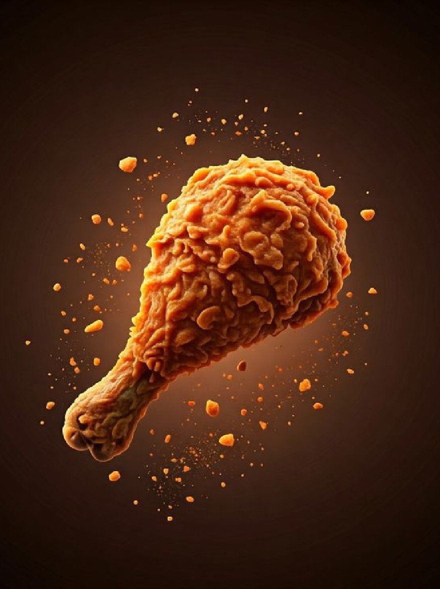 Русский промпт: 3D -рендеринг жареного куриного крыла, представленного в реалистичном стиле с темным градиентным фоном. Куриное крыло летит по воздуху, с небольшими оранжевыми частицами, разбросанными вокруг него, создавая динамичную и динамичную сцену. Текстура куриного крыла кажется хрустящей и хрустящей, со слегка неровной поверхностью. Общий эффект - это энергия и движение, причем основной центр образа с жареной курицей является основной целью изображения. | Original prompt: A 3D rendering of a fried chicken wing, rendered in a realistic style with a dark, gradient background. The chicken wing is flying through the air, with small, orange particles scattered around it, creating a dynamic and dynamic scene. The texture of the chicken wing appears to be crispy and crunchy, with a slightly uneven surface. The overall effect is one of energy and movement, with the fried chicken being the main focus of the image.