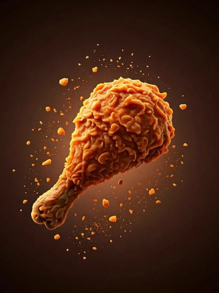 Русский промпт: 3D -рендеринг жареного куриного крыла, представленного в реалистичном стиле с темным градиентным фоном. Куриное крыло летит по воздуху, с небольшими оранжевыми частицами, разбросанными вокруг него, создавая динамичную и динамичную сцену. Текстура куриного крыла кажется хрустящей и хрустящей, со слегка неровной поверхностью. Общий эффект - это энергия и движение, причем основной центр образа с жареной курицей является основной целью изображения. | Original prompt: A 3D rendering of a fried chicken wing, rendered in a realistic style with a dark, gradient background. The chicken wing is flying through the air, with small, orange particles scattered around it, creating a dynamic and dynamic scene. The texture of the chicken wing appears to be crispy and crunchy, with a slightly uneven surface. The overall effect is one of energy and movement, with the fried chicken being the main focus of the image.