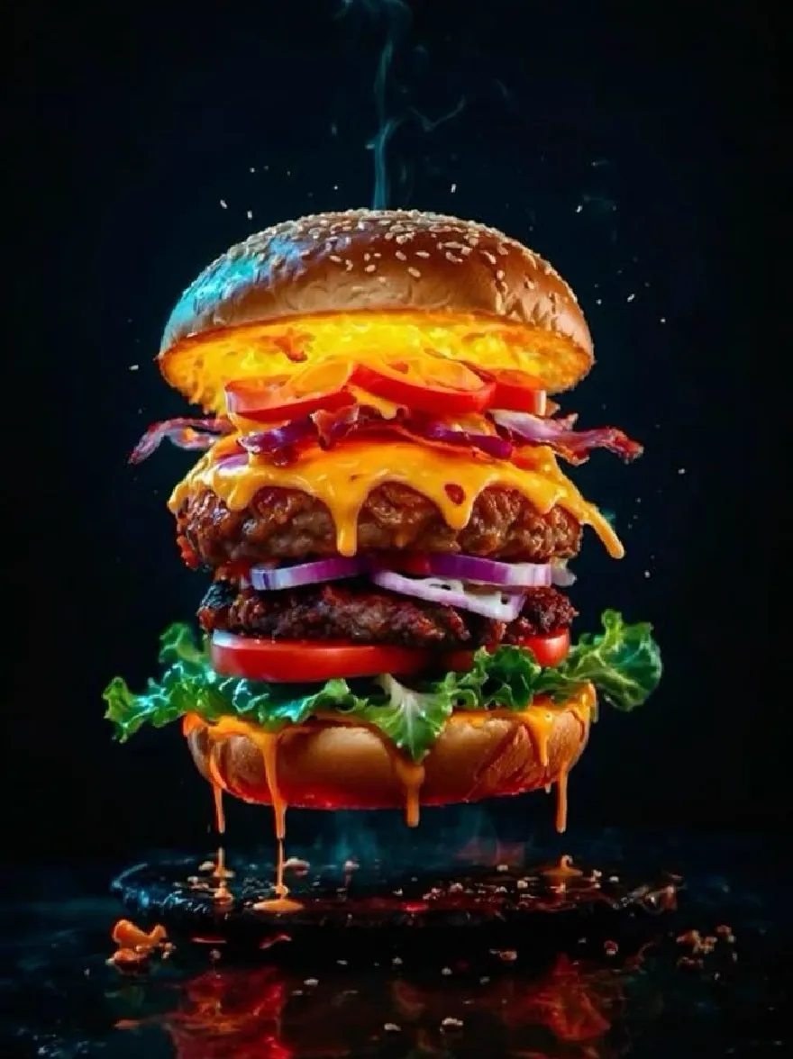 Русский промпт: Очень подробная, реалистичная фотография чизбургера с расплавленным сыром, беконом, салатом, помидорами и луком на кунжутной булочке, подвешенной в воздухе, с дымным, эфирным сиянием, исходящим сверху. Бургер устанавливается на темном, дымном фоне, с отражением бургера на темной поверхности внизу. Текстура булочки гладкая и блестящая, а сыр сочится с боков. Цвета яркие, а освещение драматично, создавая очаровательную и динамичную сцену. Изображение имеет высококачественный, фотореалистический стиль с акцентом на текстуры и освещение. | Original prompt: A highly detailed, realistic photograph of a cheeseburger with melted cheese, bacon, lettuce, tomato, and onion on a sesame seed bun, suspended in mid-air, with a smoky, ethereal glow emanating from the top. The burger is set against a dark, smoky background, with the reflection of the burger on the dark surface below. The texture of the bun is smooth and shiny, and the cheese is oozing out of the sides. The colors are vibrant and the lighting is dramatic, creating a captivating and dynamic scene. The image has a high-quality, photorealistic style with a focus on textures and lighting.