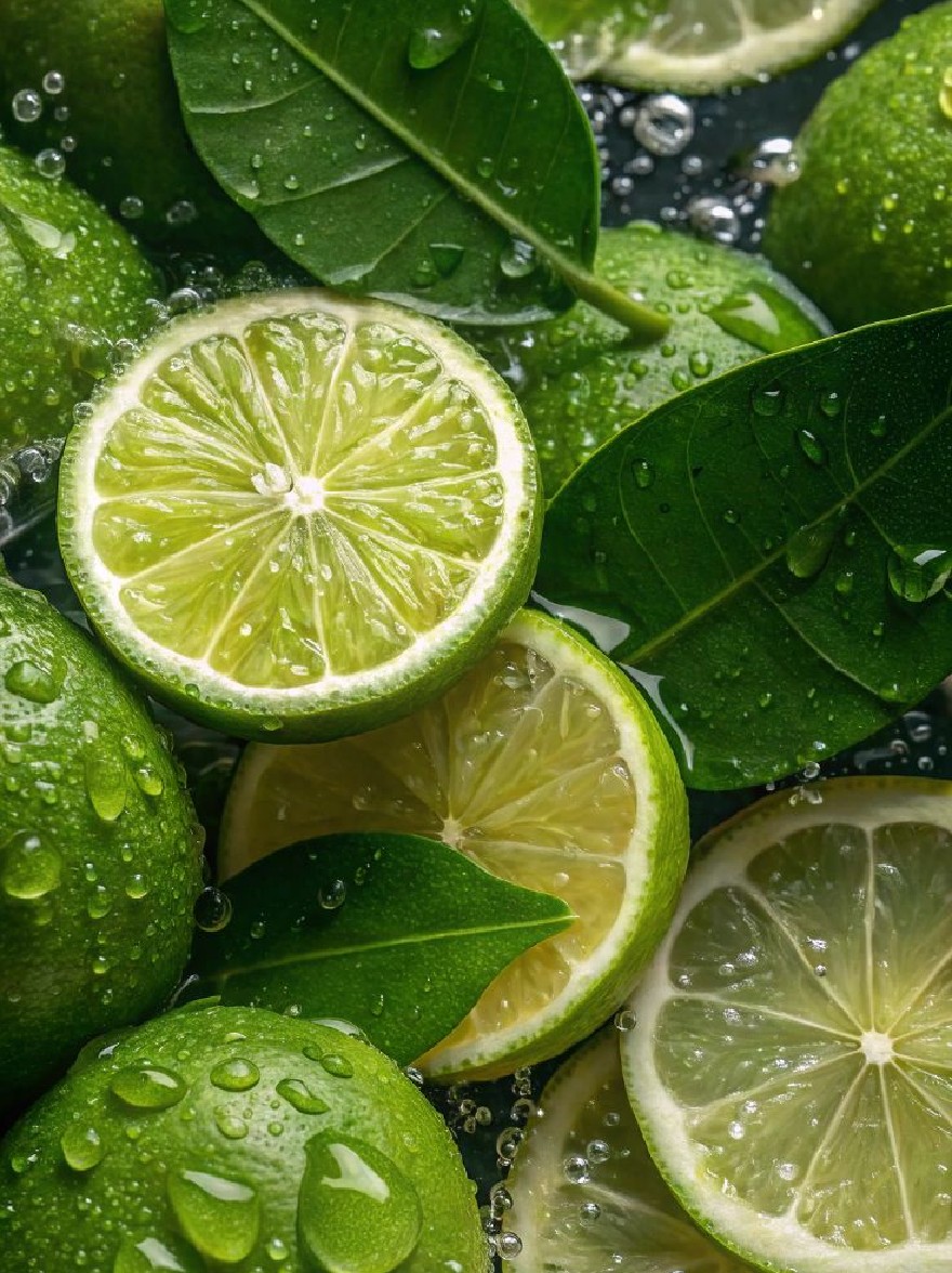 Русский промпт: Крупным планом фотографии свежих лаймов с каплями воды на их поверхностях, сделанная с точки зрения сверху вниз. Лаймы расположены по круговому рисунку, с некоторыми перекрывающимися друг с другом. Одна лайм разрезана пополам, раскрывая его сочный интерьер, а другие - целые. Фон представляет собой темную текстурированную поверхность, вероятно, таблица или столешница. Освещение мягкое и естественное, выделяя лаймы и листья. Общий эффект - это свежесть и свежесть. | Original prompt: A close-up photograph of fresh limes with water droplets on their surfaces, taken from a top-down perspective. The limes are arranged in a circular pattern, with some overlapping each other. One lime is cut in half, revealing its juicy interior, while the others are whole. The background is a dark, textured surface, likely a table or countertop. The lighting is soft and natural, highlighting the limes and leaves. The overall effect is one of freshness and freshness.