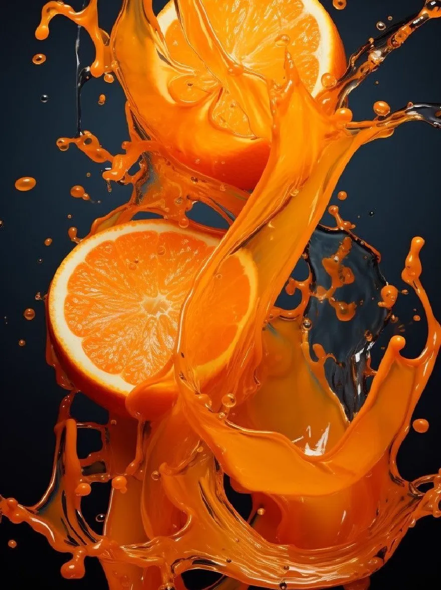 Русский промпт: Фотография апельсинового сока брызг с двумя кусочками апельсинов на переднем плане, подвешенной в воздухе, на темном градиентном фоне. Апельсины яркие и сочные, с гладкой, глянцевой текстурой и брызгами апельсинового сока, создавая динамичную и очаровательную сцену. Контраст между ярко -оранжевым соком и темным фоном создает поразительный визуальный эффект. Изображение имеет высококачественный, реалистичный стиль с акцентом на динамическую композицию апельсинов и всплесков. Разрешение изображения высокое, что делает его подходящим для использования в качестве обоев для iPhone. | Original prompt: Photograph of an orange juice splash with two slices of oranges in the foreground, suspended in mid-air, against a dark, gradient background. The oranges are vibrant and juicy, with a smooth, glossy texture and splashes of orange juice creating a dynamic and captivating scene. The contrast between the bright orange juice and the dark background creates a striking visual effect. The image has a high-quality, realistic style with a focus on the dynamic composition of the oranges and the splashes. The resolution of the image is high, making it suitable for use as an iPhone wallpaper.