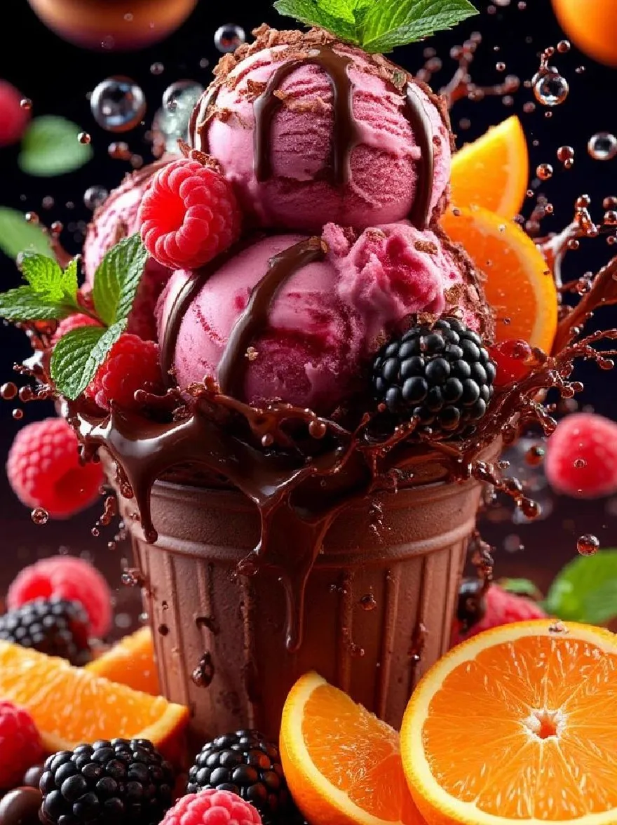 Русский промпт: Фото трех шаров шоколадного мороженого в коричневом конусе мороженого, увенчанного свежей малиной, ежевикой и апельсинами. Мороженое мороженое шоколадное соус и украшено листьями мяты. Фон - темное, абстрактное пространство с планетами и пузырьками. Цвета яркие, и изображение имеет высококачественное, фотореалистическое ощущение. | Original prompt: Photo of three scoops of chocolate ice cream in a brown ice cream cone, topped with fresh raspberries, blackberries, and oranges. The ice cream is drizzled with chocolate sauce and garnished with mint leaves. The background is a dark, abstract space with planets and bubbles. The colors are vibrant and the image has a high-quality, photorealistic feel.