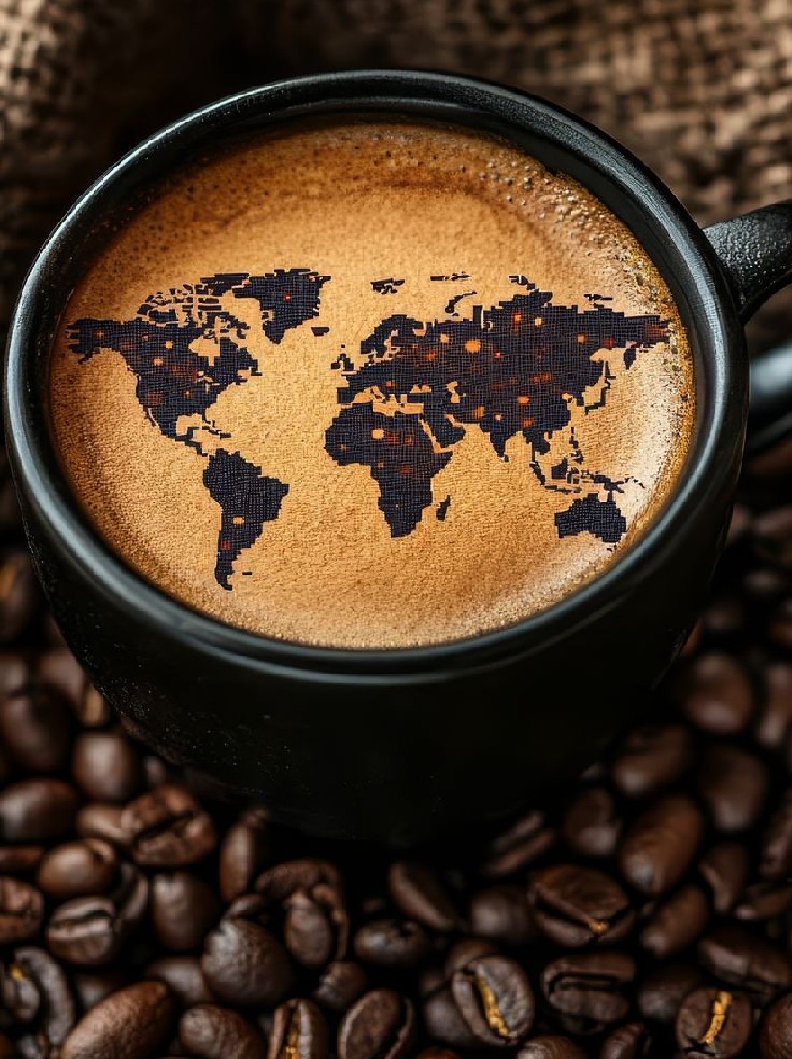 Русский промпт: Крупным планом фотографии черной керамической кружки, заполненной паровой чашкой капучино, с картой мира, напечатанной на пене в центре. Кружка помещается на мешковину, окруженную жареными кофейными зернами. Фон размыт, уделяя внимание круже и ее содержимому. Кофейные зерна разбросаны вокруг кружки, добавляя текстуру и глубину к изображению. Освещение мягкое и естественное, подчеркивая сложные детали карты мира. Общее настроение уютно и привлекательно. | Original prompt: A close-up photograph of a black ceramic mug filled with a steaming cup of cappuccino, with a world map printed on the foam in the center. The mug is placed on a burlap sack, surrounded by roasted coffee beans. The background is blurred, giving the focus to the mug and its contents. The coffee beans are scattered around the mug, adding texture and depth to the image. The lighting is soft and natural, highlighting the intricate details of the world map. The overall mood is cozy and inviting.