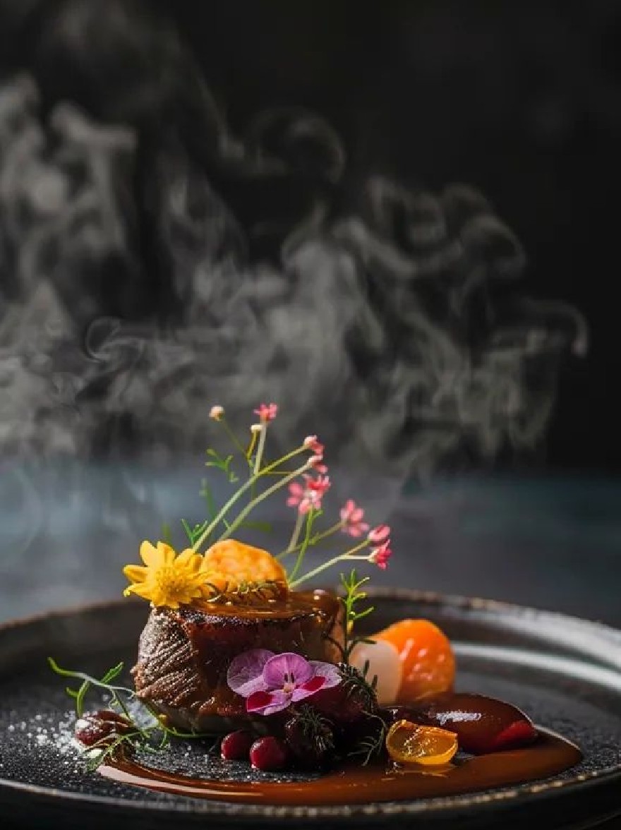 Русский промпт: Фотография декадентского десерта на темной тарелке с кусочком говяжьей вырезки с богатым темно -коричневым соусом сбрызнул на него, украшенный свежими цветами и апельсинами. Тарелка установлена на темном, дымном фоне с оттенком дыма, создавая капризную атмосферу. Фотография сделана под низким углом, сосредотачиваясь на деликатесе блюда, с акцентом на еду и текстуру мяса. Освещение мягкое и естественное, подчеркивая сложные детали пищи. | Original prompt: A photograph of a decadent dessert on a dark plate, featuring a piece of beef tenderloin with a rich, dark brown sauce drizzled over it, garnished with fresh flowers and oranges. The plate is set against a dark, smoky background with a hint of smoke, creating a moody atmosphere. The photograph is taken from a low angle, focusing on the delicacy of the dish, with the focus on the food and the texture of the meat. The lighting is soft and natural, highlighting the intricate details of the food.