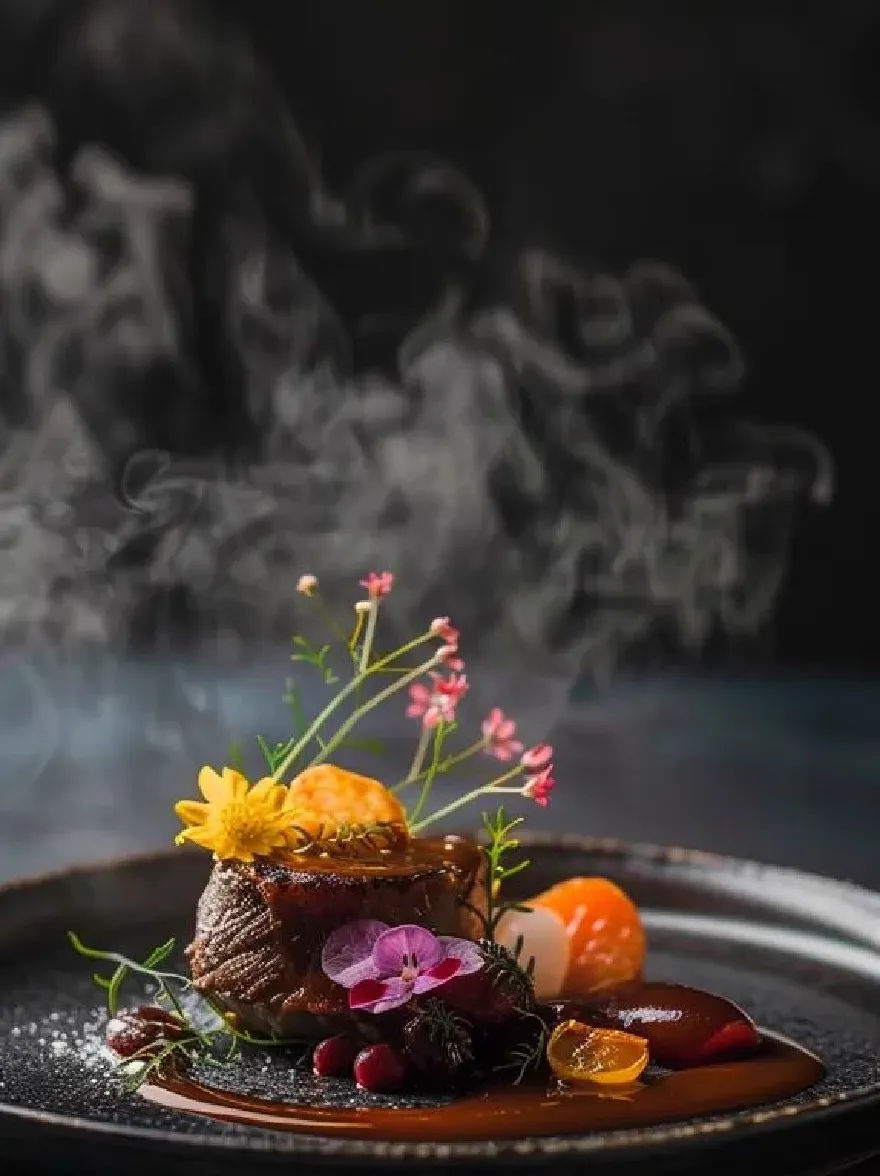 Русский промпт: Фотография декадентского десерта на темной тарелке с кусочком говяжьей вырезки с богатым темно -коричневым соусом сбрызнул на него, украшенный свежими цветами и апельсинами. Тарелка установлена на темном, дымном фоне с оттенком дыма, создавая капризную атмосферу. Фотография сделана под низким углом, сосредотачиваясь на деликатесе блюда, с акцентом на еду и текстуру мяса. Освещение мягкое и естественное, подчеркивая сложные детали пищи. | Original prompt: A photograph of a decadent dessert on a dark plate, featuring a piece of beef tenderloin with a rich, dark brown sauce drizzled over it, garnished with fresh flowers and oranges. The plate is set against a dark, smoky background with a hint of smoke, creating a moody atmosphere. The photograph is taken from a low angle, focusing on the delicacy of the dish, with the focus on the food and the texture of the meat. The lighting is soft and natural, highlighting the intricate details of the food.