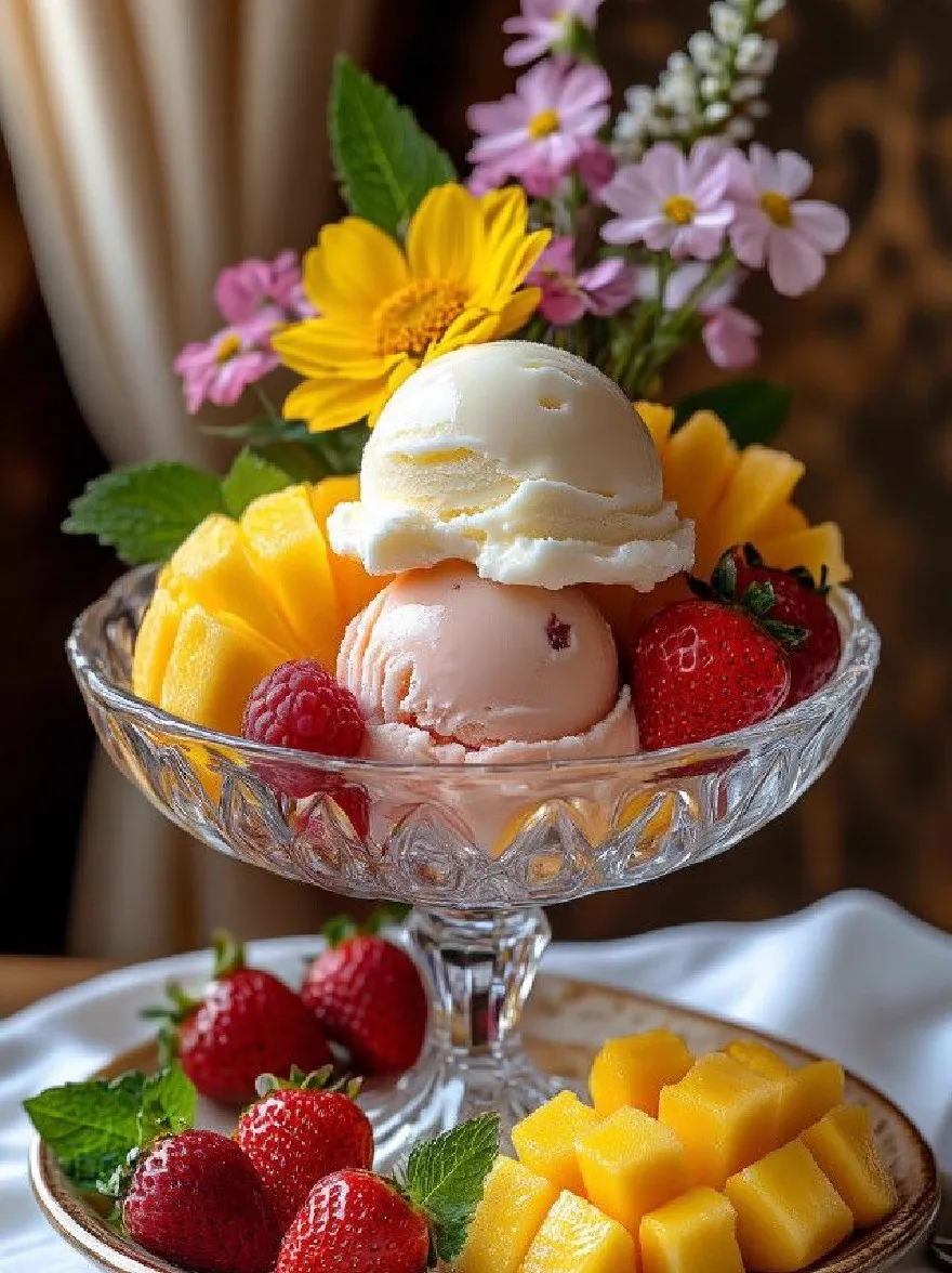 Русский промпт: Фото с двумя ложками ванильного мороженого в стеклянной миске, увенчанной свежей клубникой, малиной и нарезанными манго. Чаша помещается на стол с белой тканью, а рядом с ним есть тарелка с большим количеством клубники и манго. Фон размыт, но, кажется, это уютная, деревенская обстановка с коричневым и золотым занавесом. Освещение мягкое и естественное, создавая теплую и привлекательную атмосферу. Общее настроение привлекательно и аппетитно. | Original prompt: Photo of two scoops of vanilla ice cream in a glass bowl, topped with fresh strawberries, raspberries, and sliced mangoes. The bowl is placed on a table with a white cloth, and there is a plate with more strawberries and mangoes beside it. The background is blurred, but it appears to be a cozy, rustic setting with a brown and gold patterned curtain. The lighting is soft and natural, creating a warm and inviting atmosphere. The overall mood is inviting and appetizing.