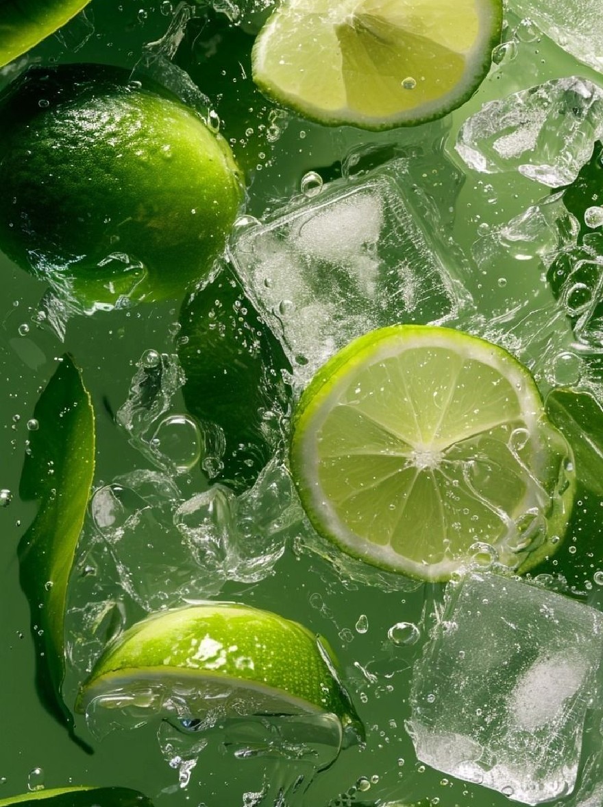 Русский промпт: Фотография лайма и кубиков льда на зеленом фоне, с каплями воды на поверхности. Лаймы нарезаны и расположены по круговому рисунку, а некоторые перекрывают друг друга. Кубики льда чисты и полупрозрачны, отражая свет. Фон - яркий зеленый, обеспечивающий резкий контраст с ярко -зеленым из лаймов. Освещение мягкое и естественное, подчеркивая текстуру кубиков и лаймов льда, создавая освежающую и привлекательную атмосферу. Общий эффект - это свежесть и вибрация. | Original prompt: Photo of limes and ice cubes on a green background, with water droplets on the surface. The limes are sliced and arranged in a circular pattern, with some overlapping each other. The ice cubes are clear and translucent, reflecting the light. The background is a vibrant green, providing a stark contrast to the bright green of the limes. The lighting is soft and natural, highlighting the texture of the ice cubes and limes, creating a refreshing and inviting atmosphere. The overall effect is one of freshness and vibrancy.