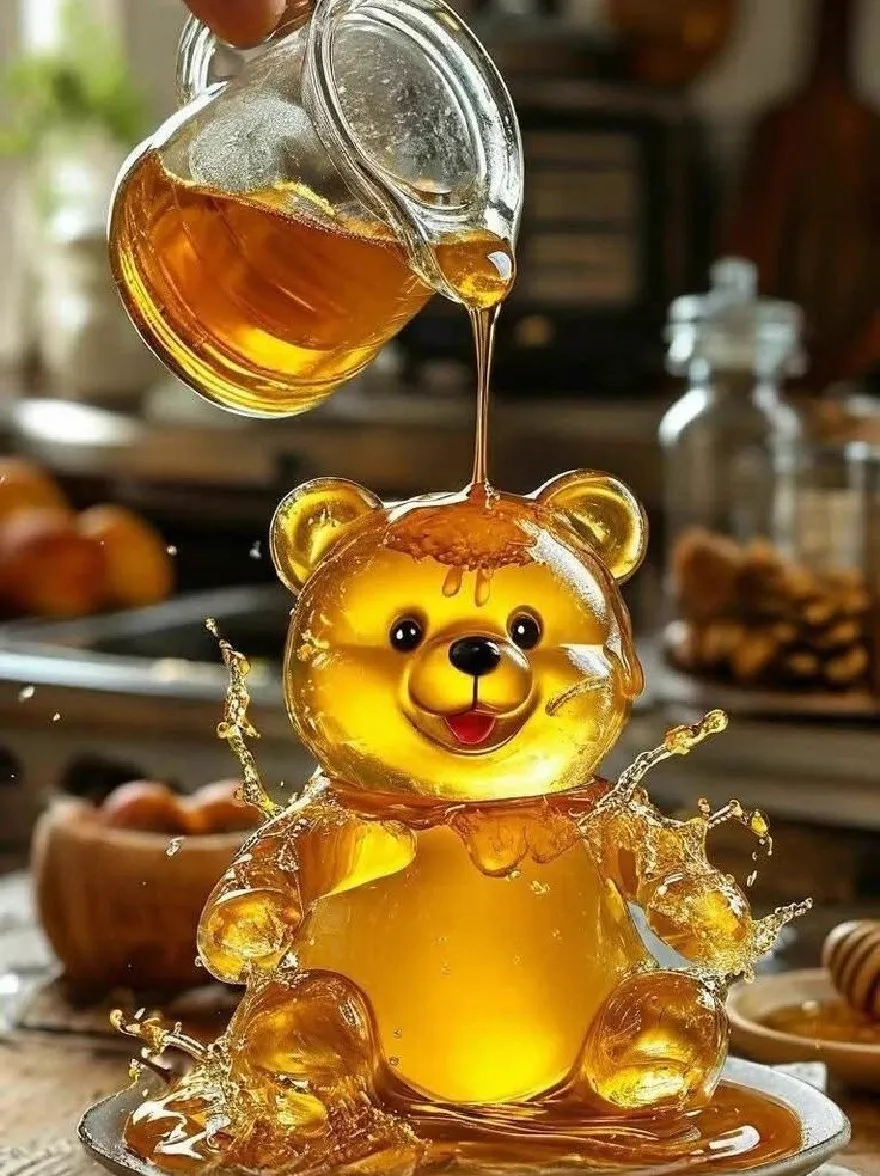 Русский промпт: Человек, наливающий мед из стеклянного кувшина в милую, желтую фигурку плюшевого мишка, сидящая на деревянном столе. Медведь имеет счастливое выражение и покрыт медом. Фон размыта, но это, кажется, кухня или столовая с раковиной, банками и фруктами. Освещение яркое и естественное, создавая теплую и привлекательную атмосферу. Изображение высококачественное и имеет мягкое, мечтательное качество. | Original prompt: A person pouring honey from a glass pitcher into a cute, yellow teddy bear figurine sitting on a wooden table. The bear has a happy expression and is covered in honey. The background is blurred, but it appears to be a kitchen or dining area with a sink, jars, and fruits. The lighting is bright and natural, creating a warm and inviting atmosphere. The image is high quality and has a soft, dreamy quality.